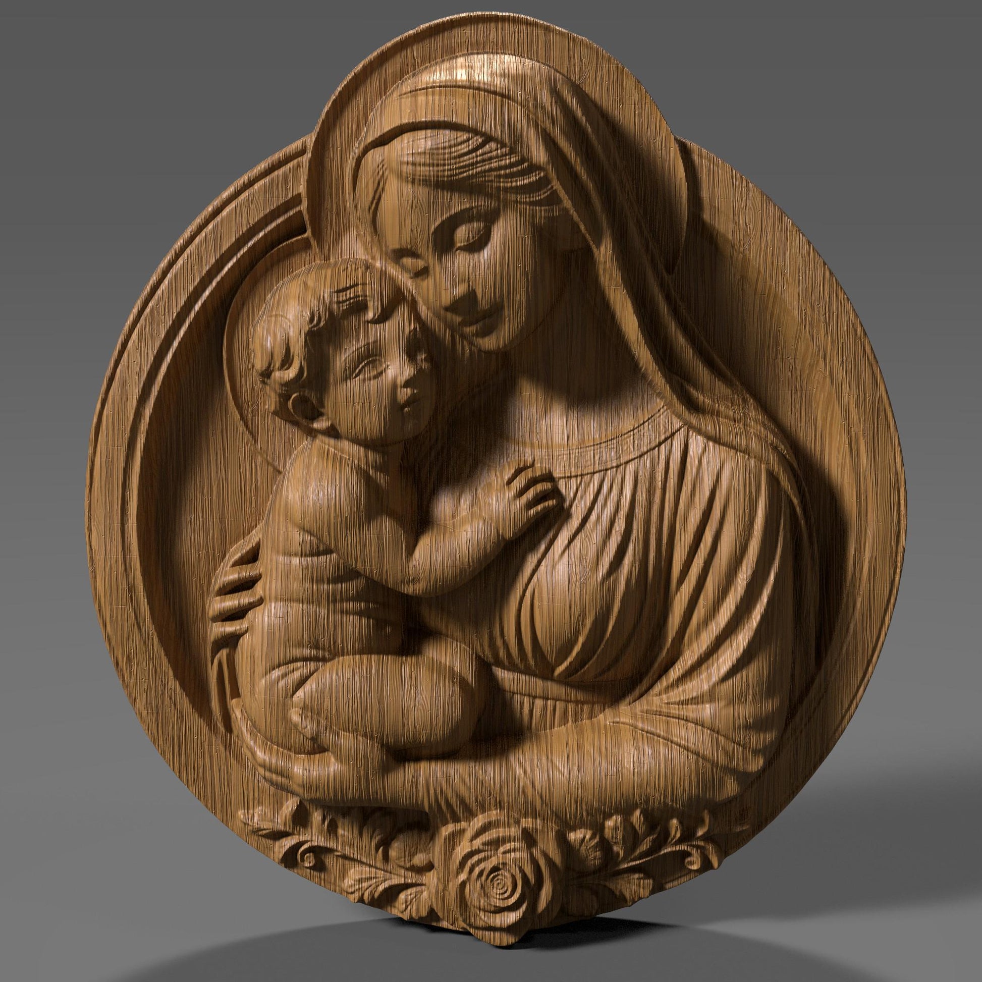 Beautiful 3D STL relief of the Virgin Mary holding baby Jesus, designed for CNC wood carving, laser engraving, and 3D printing. This highly detailed digital download features intricate floral accents and a touching depiction of maternal love and divine grace. Ideal for religious wall art, Christian home decor, and handmade faith-based gifts. Perfect for artisans, woodworkers, and churches looking to create sacred sculptures, devotional pieces, or Easter and Christmas decorations.