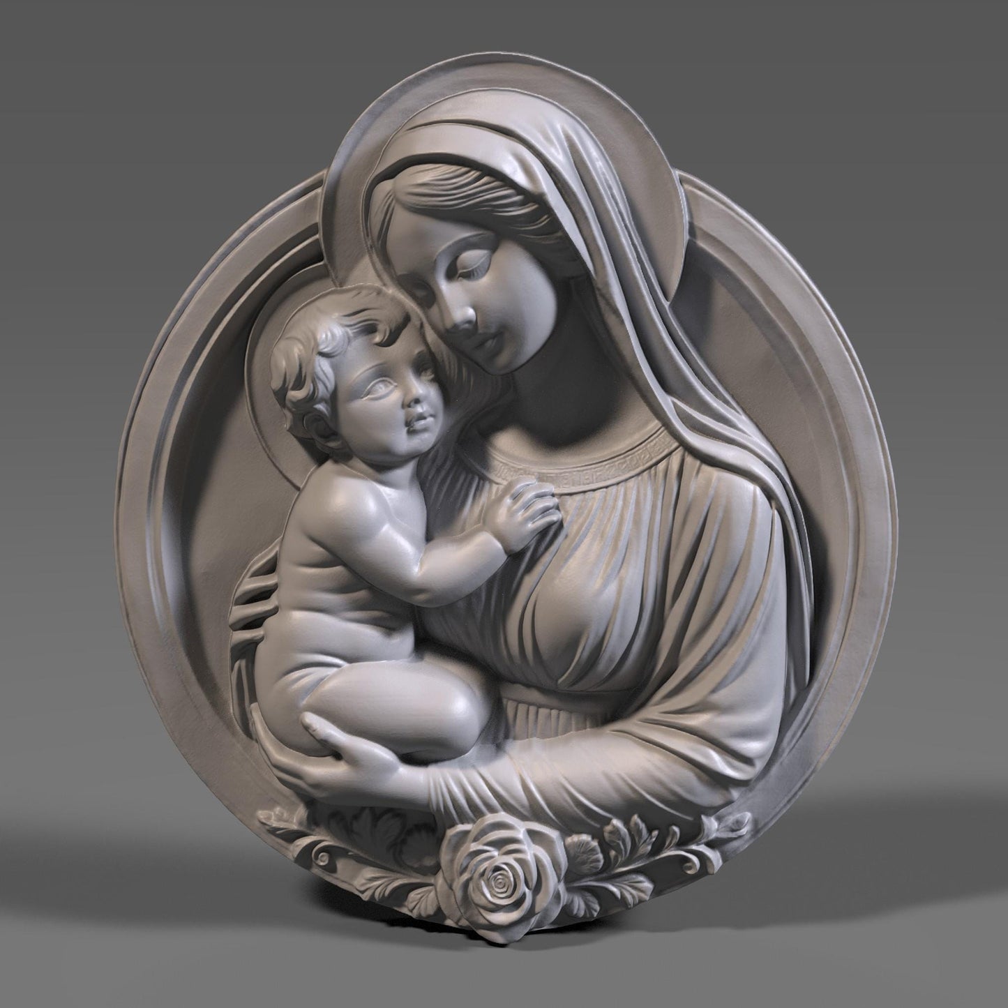 Beautiful 3D STL relief of the Virgin Mary holding baby Jesus, designed for CNC wood carving, laser engraving, and 3D printing. This highly detailed digital download features intricate floral accents and a touching depiction of maternal love and divine grace. Ideal for religious wall art, Christian home decor, and handmade faith-based gifts. Perfect for artisans, woodworkers, and churches looking to create sacred sculptures, devotional pieces, or Easter and Christmas decorations.