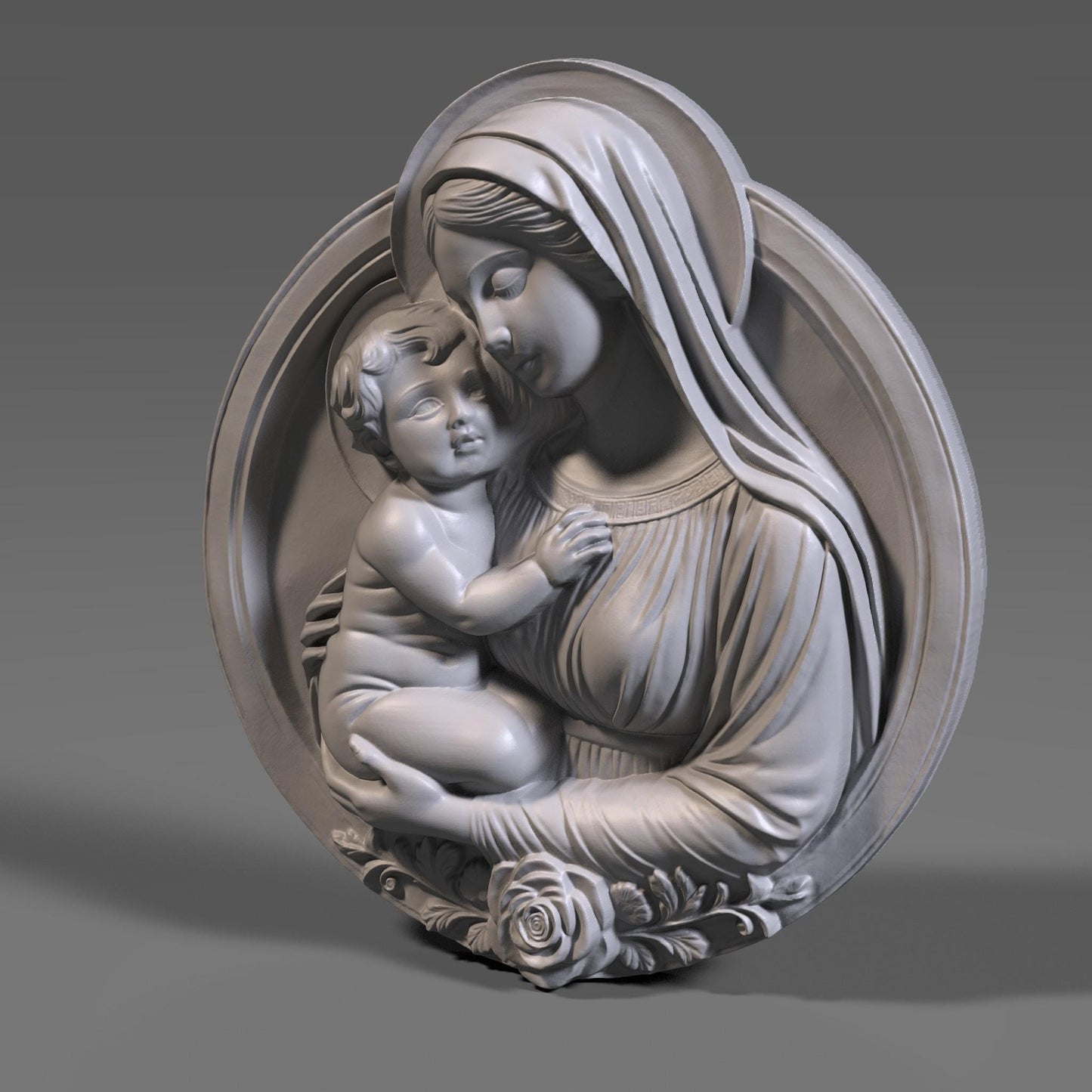 Beautiful 3D STL relief of the Virgin Mary holding baby Jesus, designed for CNC wood carving, laser engraving, and 3D printing. This highly detailed digital download features intricate floral accents and a touching depiction of maternal love and divine grace. Ideal for religious wall art, Christian home decor, and handmade faith-based gifts. Perfect for artisans, woodworkers, and churches looking to create sacred sculptures, devotional pieces, or Easter and Christmas decorations.