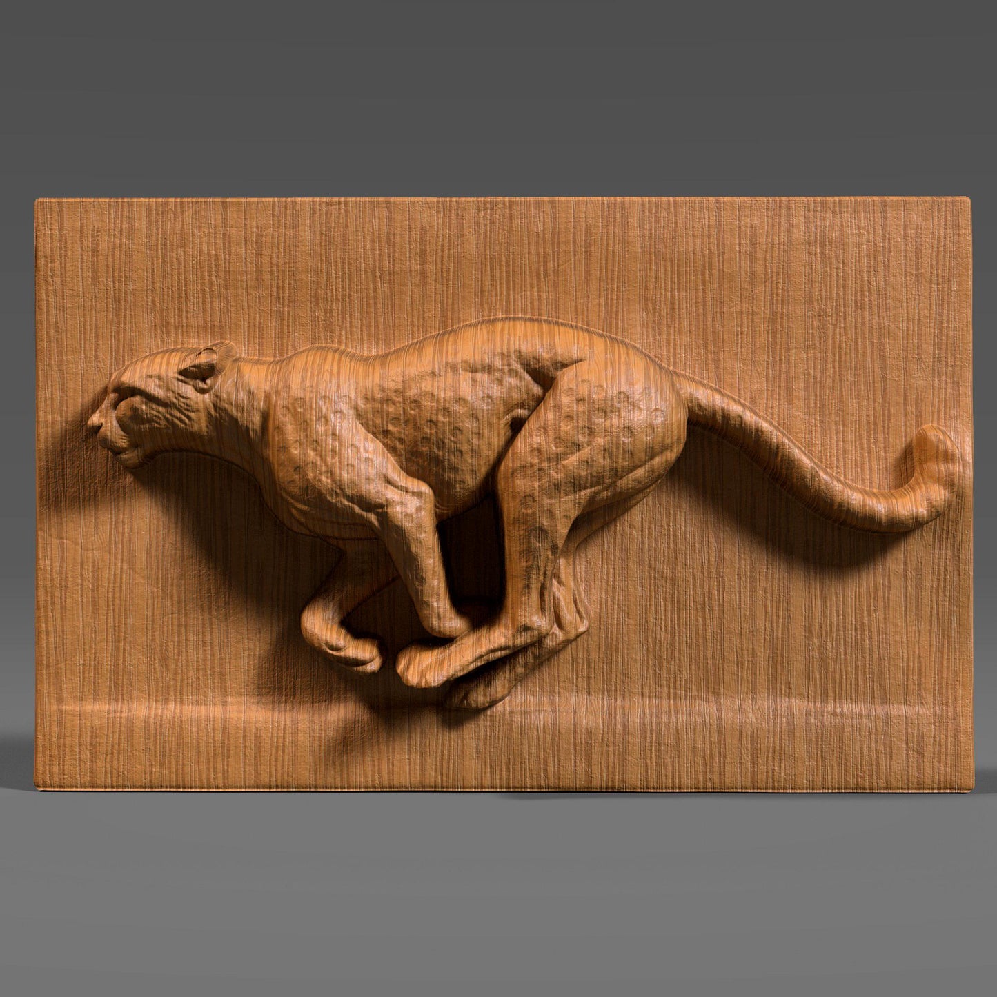 A detailed wood bas-relief sculpture of a running cheetah captured mid-stride, carved in high relief with smooth flowing anatomy and muscular definition. The cheetah is shown in a dynamic side profile against a clean rectangular wood panel, emphasizing speed, strength, and motion. The natural wood grain enhances the sculpted surface, making this wildlife-inspired artwork ideal for CNC carving, animal wall decor, and modern interior display.
