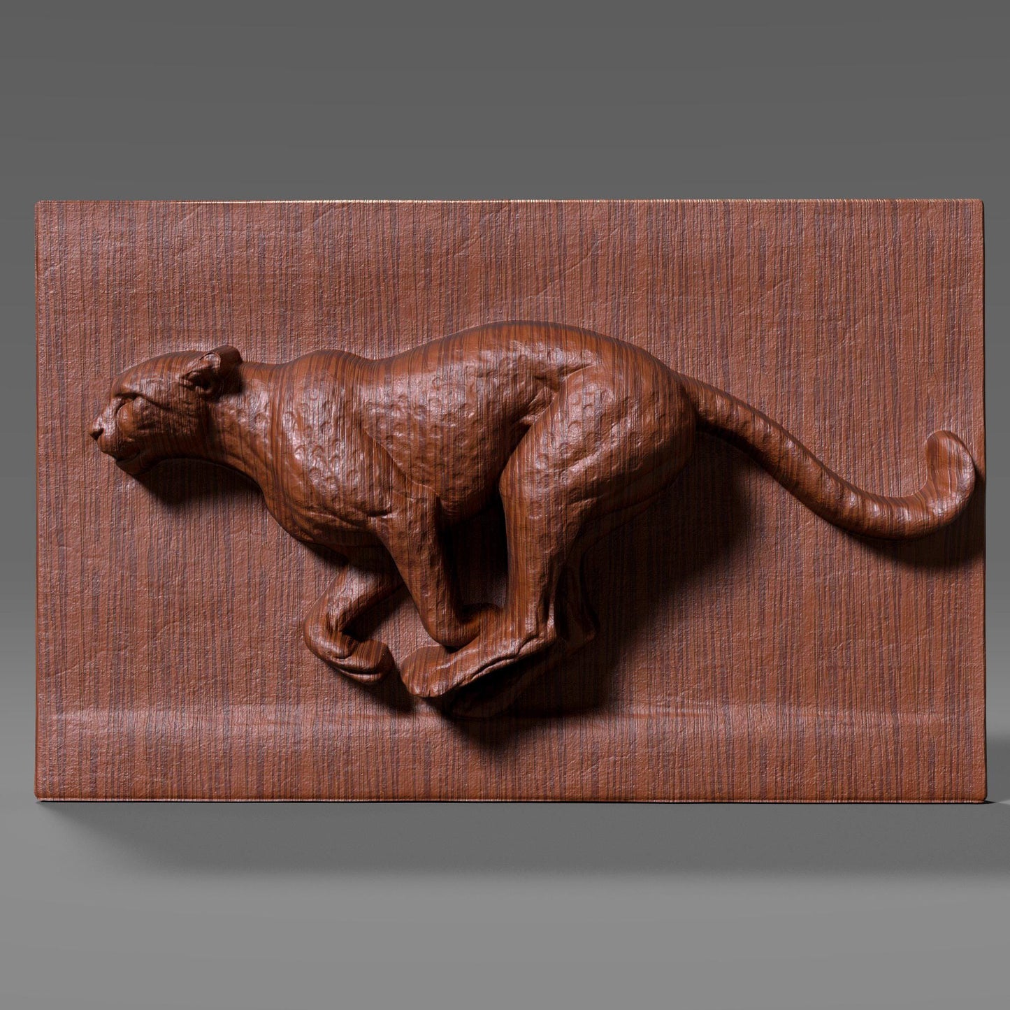 A detailed wood bas-relief sculpture of a running cheetah captured mid-stride, carved in high relief with smooth flowing anatomy and muscular definition. The cheetah is shown in a dynamic side profile against a clean rectangular wood panel, emphasizing speed, strength, and motion. The natural wood grain enhances the sculpted surface, making this wildlife-inspired artwork ideal for CNC carving, animal wall decor, and modern interior display.