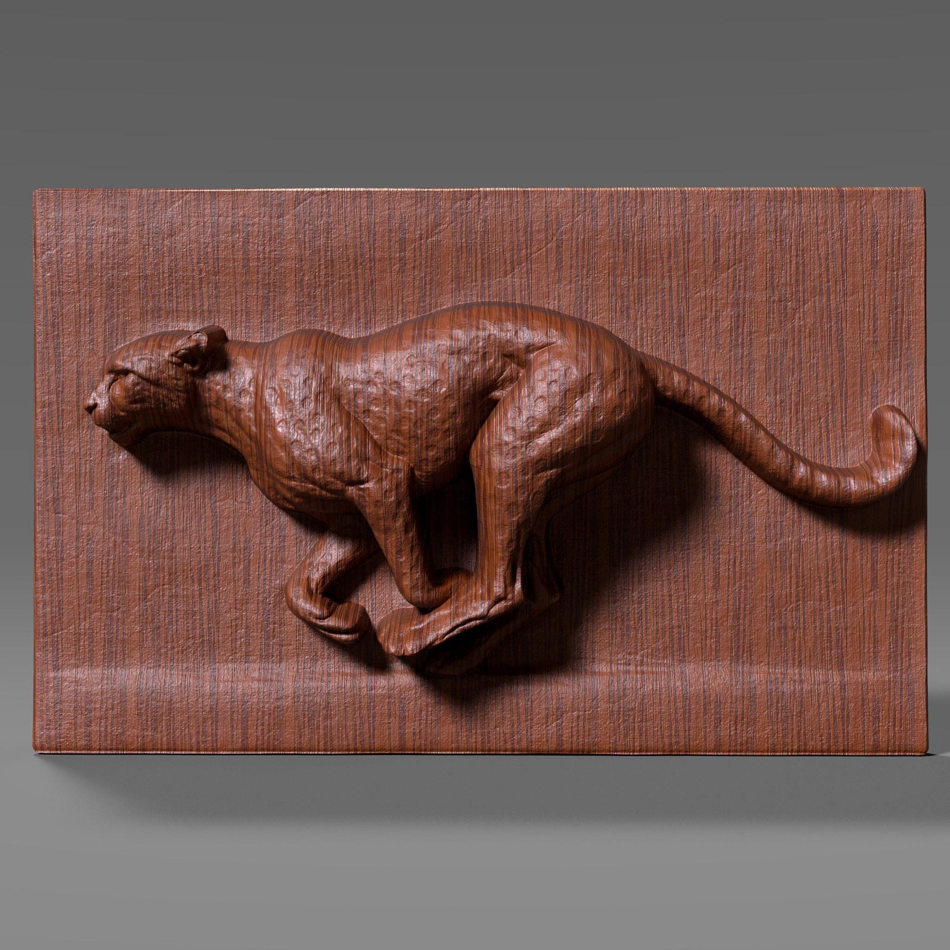 A detailed wood bas-relief sculpture of a running cheetah captured mid-stride, carved in high relief with smooth flowing anatomy and muscular definition. The cheetah is shown in a dynamic side profile against a clean rectangular wood panel, emphasizing speed, strength, and motion. The natural wood grain enhances the sculpted surface, making this wildlife-inspired artwork ideal for CNC carving, animal wall decor, and modern interior display.