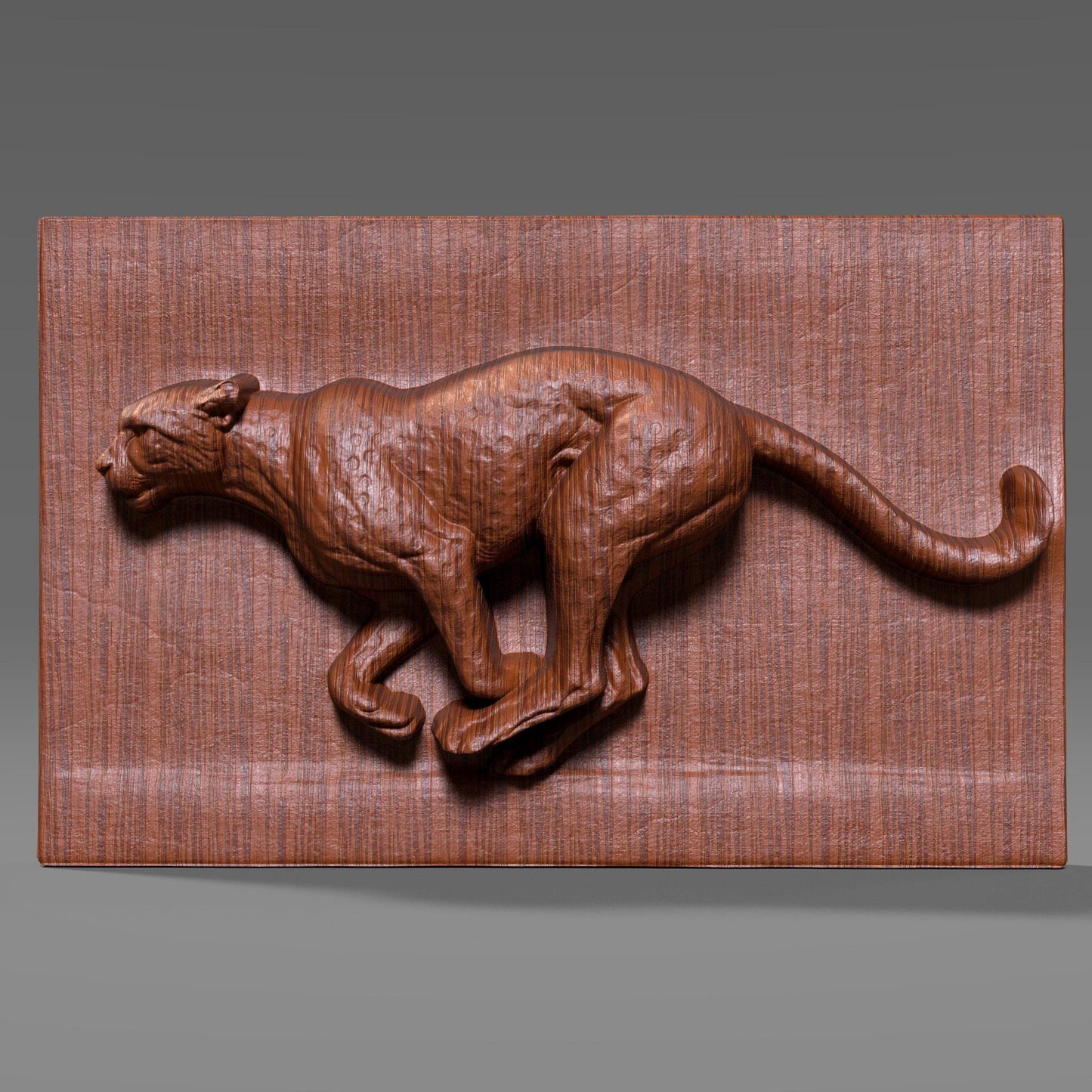 A detailed wood bas-relief sculpture of a running cheetah captured mid-stride, carved in high relief with smooth flowing anatomy and muscular definition. The cheetah is shown in a dynamic side profile against a clean rectangular wood panel, emphasizing speed, strength, and motion. The natural wood grain enhances the sculpted surface, making this wildlife-inspired artwork ideal for CNC carving, animal wall decor, and modern interior display.