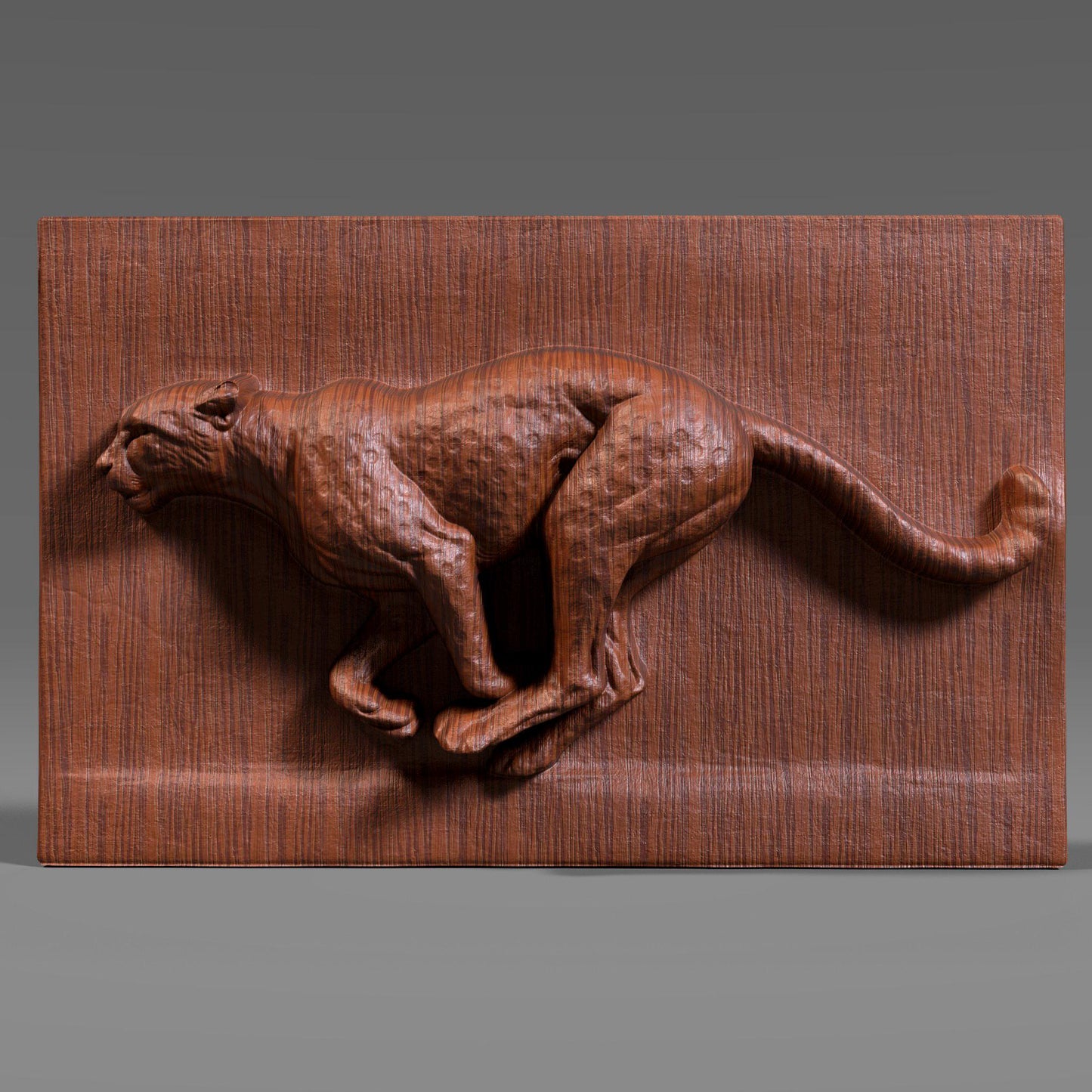 A detailed wood bas-relief sculpture of a running cheetah captured mid-stride, carved in high relief with smooth flowing anatomy and muscular definition. The cheetah is shown in a dynamic side profile against a clean rectangular wood panel, emphasizing speed, strength, and motion. The natural wood grain enhances the sculpted surface, making this wildlife-inspired artwork ideal for CNC carving, animal wall decor, and modern interior display.