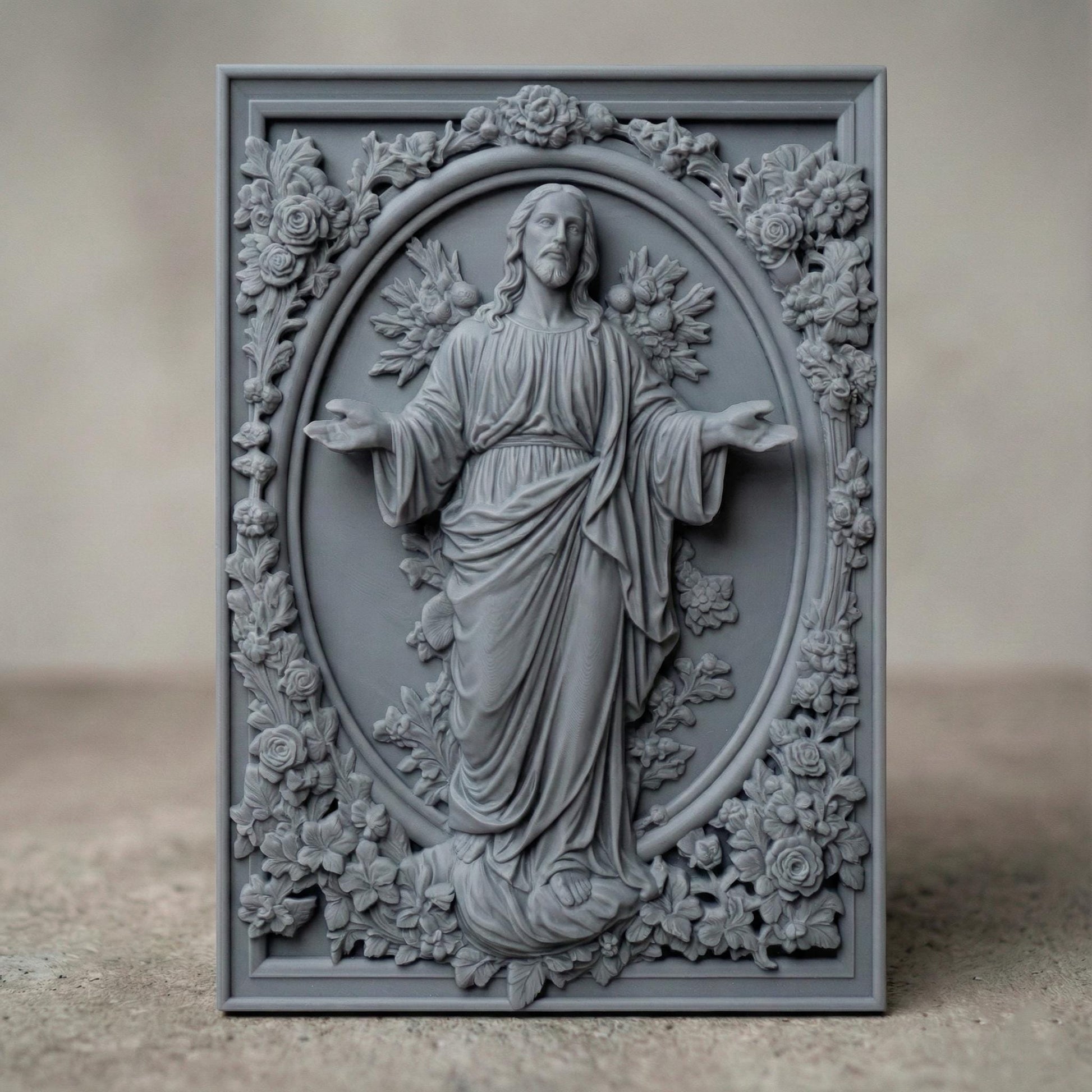 Highly detailed 3D STL relief model of Jesus Christ, designed for CNC wood carving, laser engraving, and 3D printing. This digital download features intricate sculpting with realistic facial details, flowing hair, and a serene expression. The halo behind adds a divine touch, making it ideal for religious decor, Christian gifts, and Easter wall art. Perfect for artisans, woodworkers, and makers creating custom faith-based crafts, wooden sculptures, or church decorations