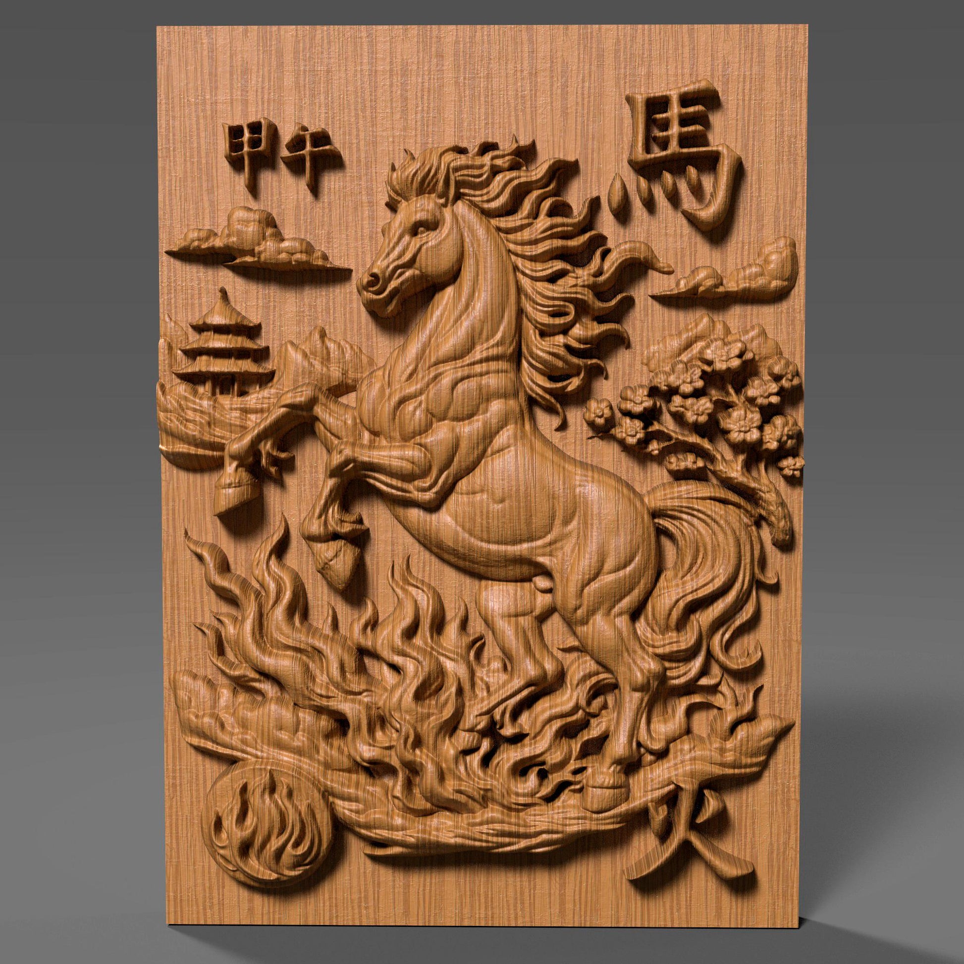 Wooden bas-relief wall art featuring the Chinese Zodiac Year of the Fire Horse, with a powerful rearing horse carved in deep relief at the center. The design includes flowing flame patterns, cloud motifs, traditional Chinese architecture, and engraved Chinese characters, all rendered in rich carved wood texture with smooth depth transitions. Decorative circular and rectangular compositions suitable for CNC carving, wood engraving, and premium wall decor.