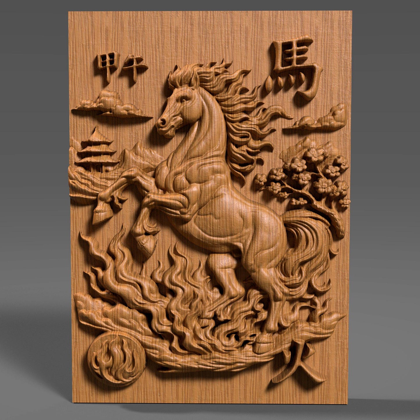 Wooden bas-relief wall art featuring the Chinese Zodiac Year of the Fire Horse, with a powerful rearing horse carved in deep relief at the center. The design includes flowing flame patterns, cloud motifs, traditional Chinese architecture, and engraved Chinese characters, all rendered in rich carved wood texture with smooth depth transitions. Decorative circular and rectangular compositions suitable for CNC carving, wood engraving, and premium wall decor.