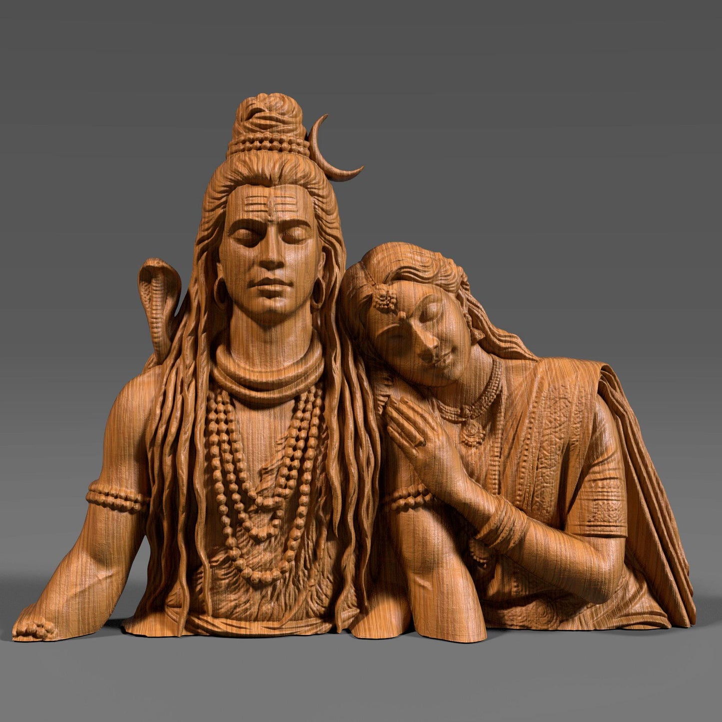 Detailed 3D STL model of Lord Shiva and Goddess Parvati depicted as a serene divine couple, sculpted in a realistic wooden carving style. Parvati rests gently on Shiva’s shoulder, symbolizing love, balance, and devotion. The model features intricate hair, jewelry, facial expressions, and traditional Indian ornaments, designed for CNC wood carving, 3D printing, and religious wall or tabletop decor. Digital STL download for personal or commercial fabrication.