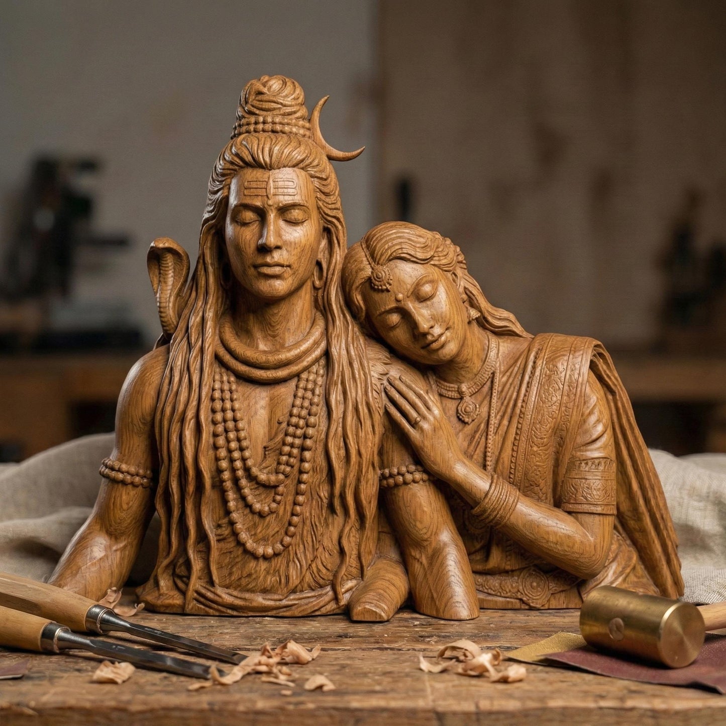 Detailed 3D STL model of Lord Shiva and Goddess Parvati depicted as a serene divine couple, sculpted in a realistic wooden carving style. Parvati rests gently on Shiva’s shoulder, symbolizing love, balance, and devotion. The model features intricate hair, jewelry, facial expressions, and traditional Indian ornaments, designed for CNC wood carving, 3D printing, and religious wall or tabletop decor. Digital STL download for personal or commercial fabrication.