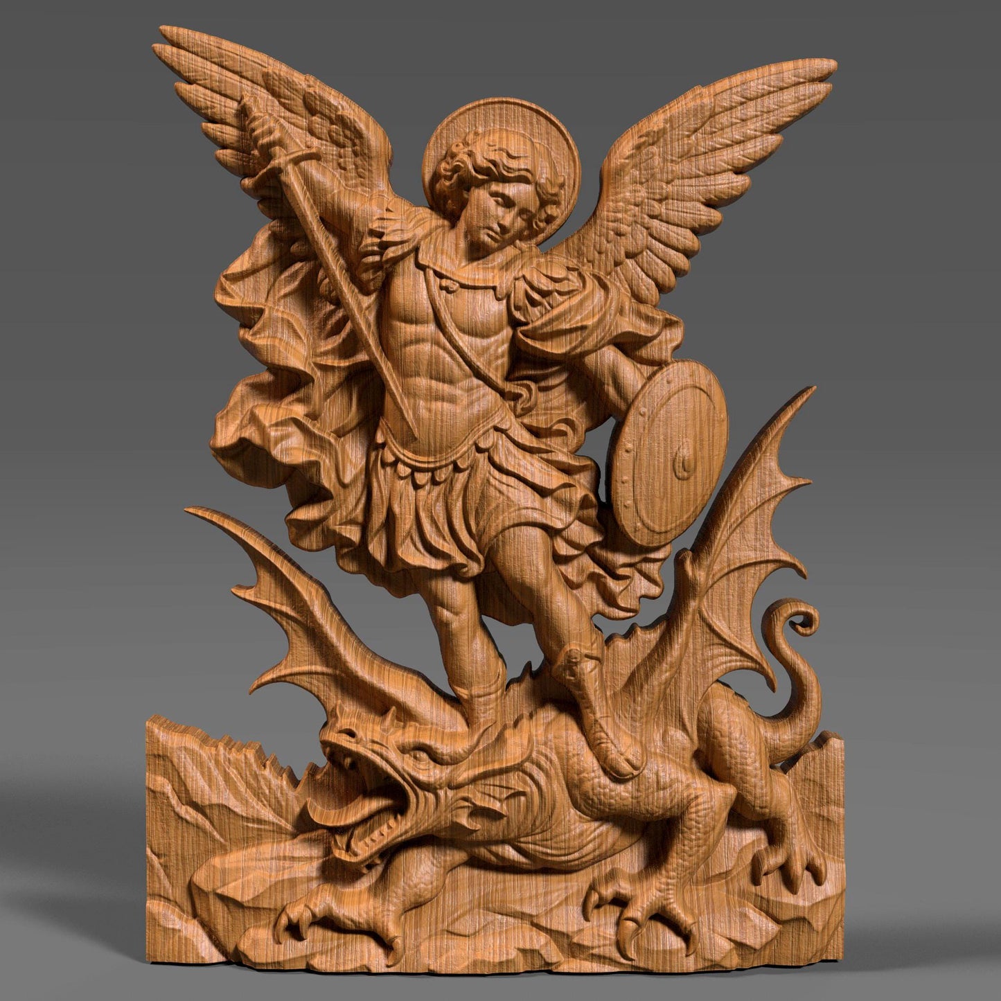 Wooden bas-relief wall art depicting Archangel Michael in dynamic motion, carved in deep relief. The winged angel holds a raised sword and shield while standing triumphantly over a defeated dragon beneath his feet. Flowing robes, detailed feathers, and dramatic cloud forms surround the figure. Rendered in rich carved wood texture with smooth depth transitions, suitable for CNC carving, wood engraving, and religious Christian wall décor.