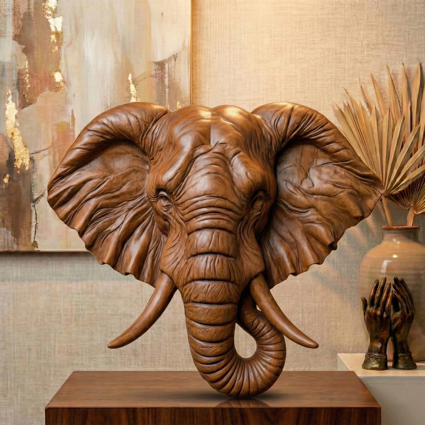 Majestic 3D STL relief of an elephant head with detailed wrinkles, large ears, and curved tusks, designed for CNC wood carving, laser engraving, and 3D printing. This high-quality digital download captures the strength and wisdom of elephants, perfect for wildlife-inspired wall art, safari decor, and handmade gifts. Ideal for artisans, woodworkers, and nature lovers looking to create unique wooden sculptures, tribal artwork, or African-themed home decorations.