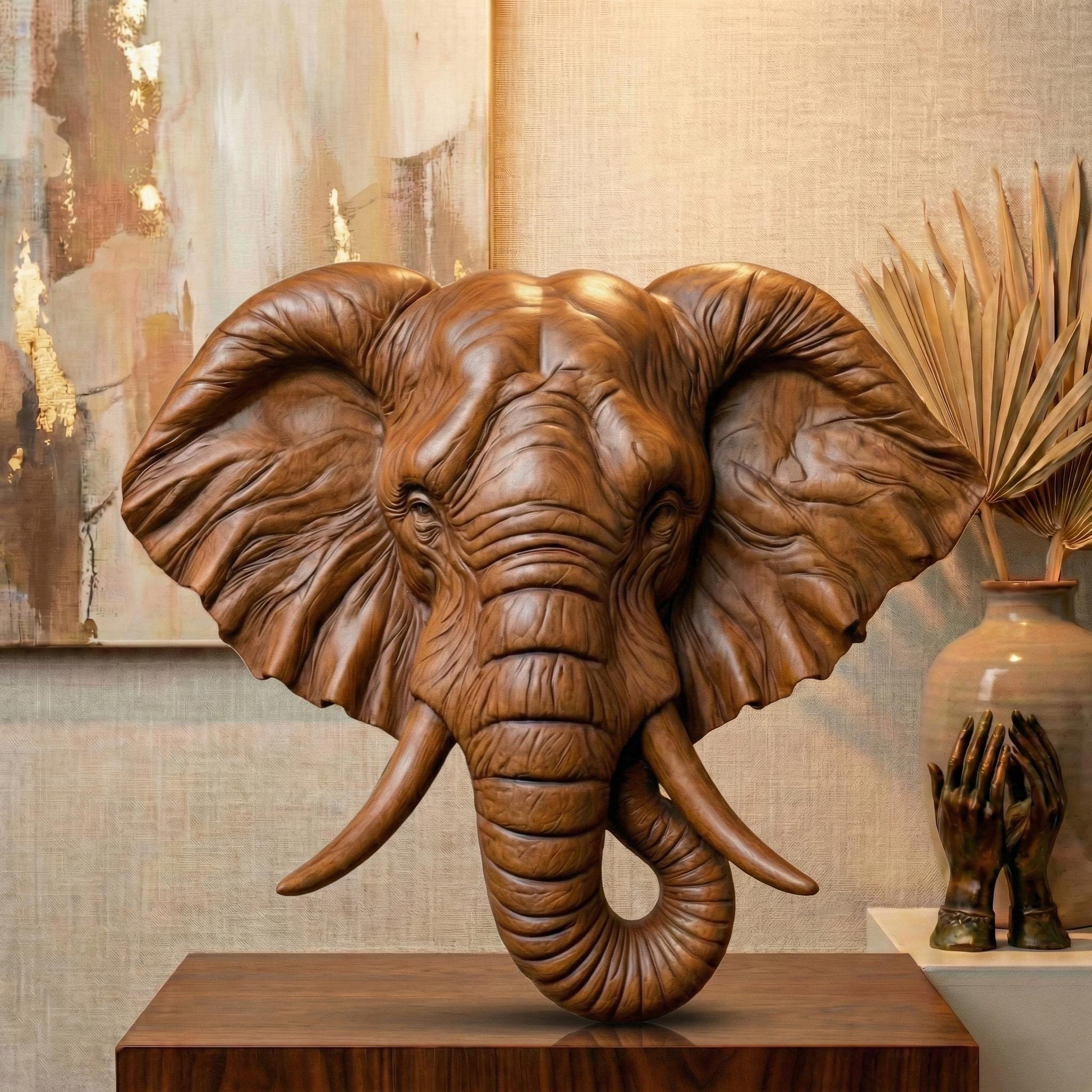 Majestic 3D STL relief of an elephant head with detailed wrinkles, large ears, and curved tusks, designed for CNC wood carving, laser engraving, and 3D printing. This high-quality digital download captures the strength and wisdom of elephants, perfect for wildlife-inspired wall art, safari decor, and handmade gifts. Ideal for artisans, woodworkers, and nature lovers looking to create unique wooden sculptures, tribal artwork, or African-themed home decorations.