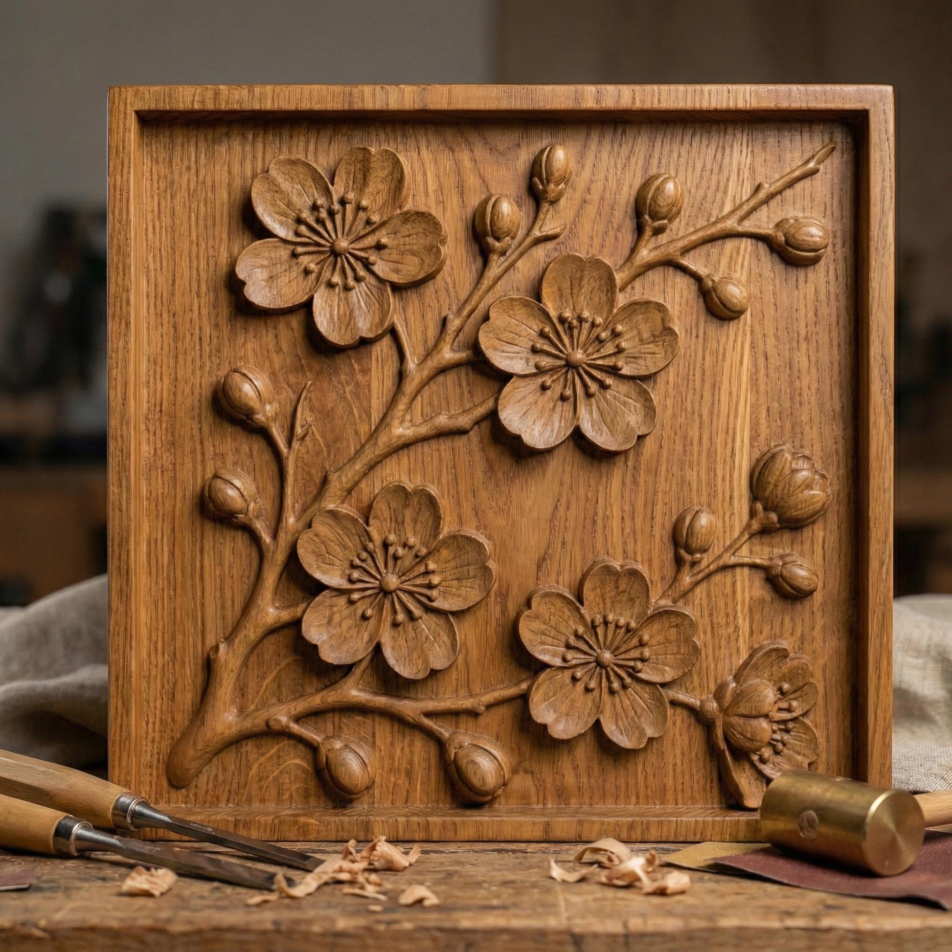 Detailed 3D STL floral relief design featuring cherry blossom-style flowers and delicate branches, framed in a clean square layout. Ideal for CNC wood carving, laser engraving, or 3D printing on wood, resin, or stone. Perfect for creating elegant wall art, decorative panels, home décor, or gifts. The intricate petal shapes and natural composition add a touch of botanical beauty to any project, making it a standout digital download for craft and carving enthusiasts.