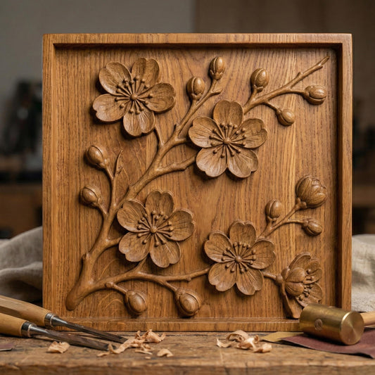 Detailed 3D STL floral relief design featuring cherry blossom-style flowers and delicate branches, framed in a clean square layout. Ideal for CNC wood carving, laser engraving, or 3D printing on wood, resin, or stone. Perfect for creating elegant wall art, decorative panels, home décor, or gifts. The intricate petal shapes and natural composition add a touch of botanical beauty to any project, making it a standout digital download for craft and carving enthusiasts.