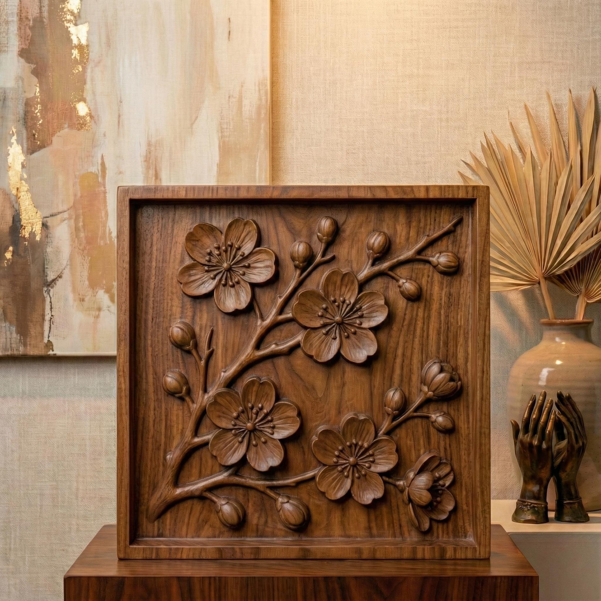 Detailed 3D STL floral relief design featuring cherry blossom-style flowers and delicate branches, framed in a clean square layout. Ideal for CNC wood carving, laser engraving, or 3D printing on wood, resin, or stone. Perfect for creating elegant wall art, decorative panels, home décor, or gifts. The intricate petal shapes and natural composition add a touch of botanical beauty to any project, making it a standout digital download for craft and carving enthusiasts.