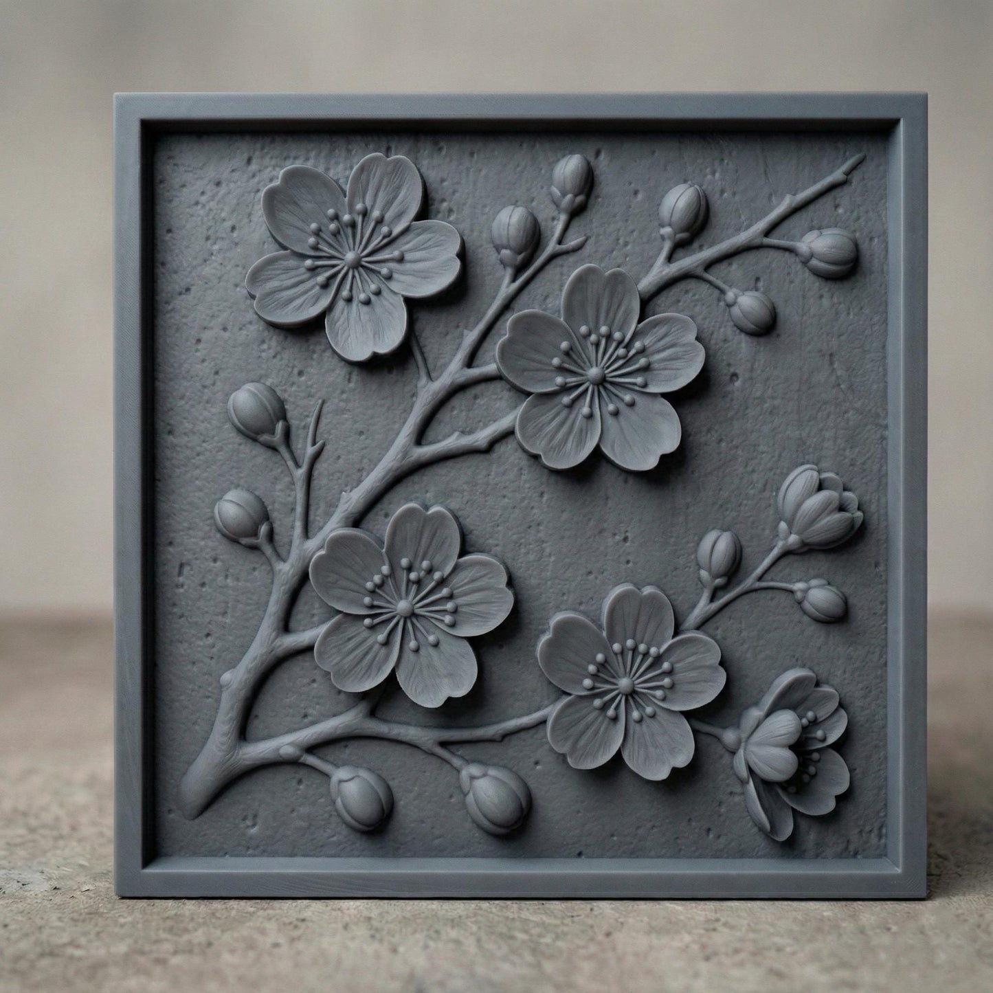 Detailed 3D STL floral relief design featuring cherry blossom-style flowers and delicate branches, framed in a clean square layout. Ideal for CNC wood carving, laser engraving, or 3D printing on wood, resin, or stone. Perfect for creating elegant wall art, decorative panels, home décor, or gifts. The intricate petal shapes and natural composition add a touch of botanical beauty to any project, making it a standout digital download for craft and carving enthusiasts.