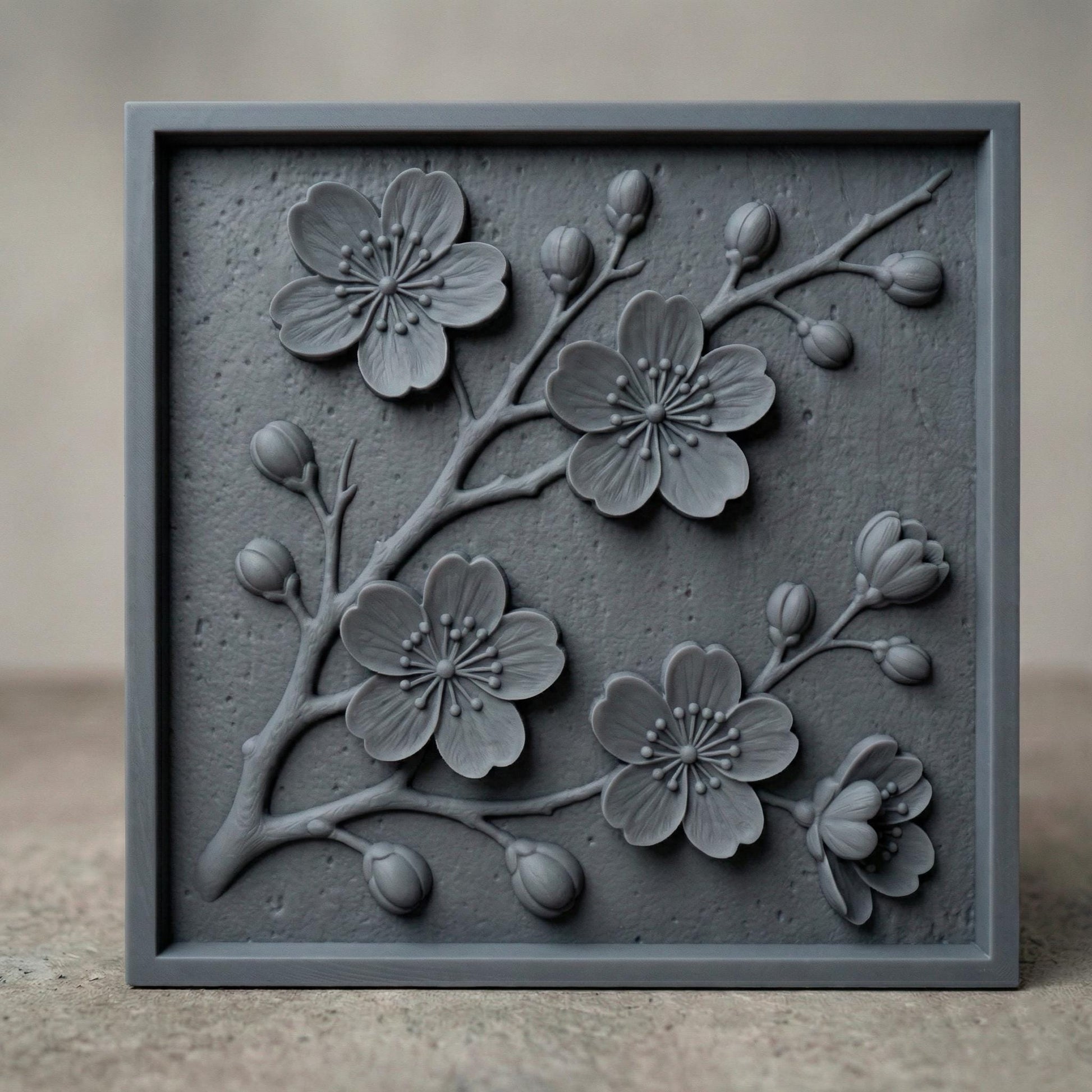 Detailed 3D STL floral relief design featuring cherry blossom-style flowers and delicate branches, framed in a clean square layout. Ideal for CNC wood carving, laser engraving, or 3D printing on wood, resin, or stone. Perfect for creating elegant wall art, decorative panels, home décor, or gifts. The intricate petal shapes and natural composition add a touch of botanical beauty to any project, making it a standout digital download for craft and carving enthusiasts.
