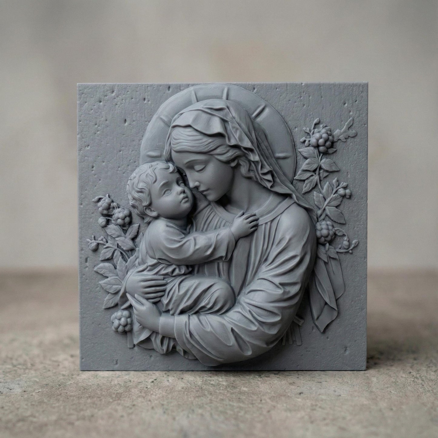 Beautiful 3D STL relief of the Virgin Mary holding baby Jesus, designed for CNC wood carving, laser engraving, and 3D printing. This highly detailed digital download features intricate floral accents and a touching depiction of maternal love and divine grace. Ideal for religious wall art, Christian home decor, and handmade faith-based gifts. Perfect for artisans, woodworkers, and churches looking to create sacred sculptures, devotional pieces, or Easter and Christmas decorations.