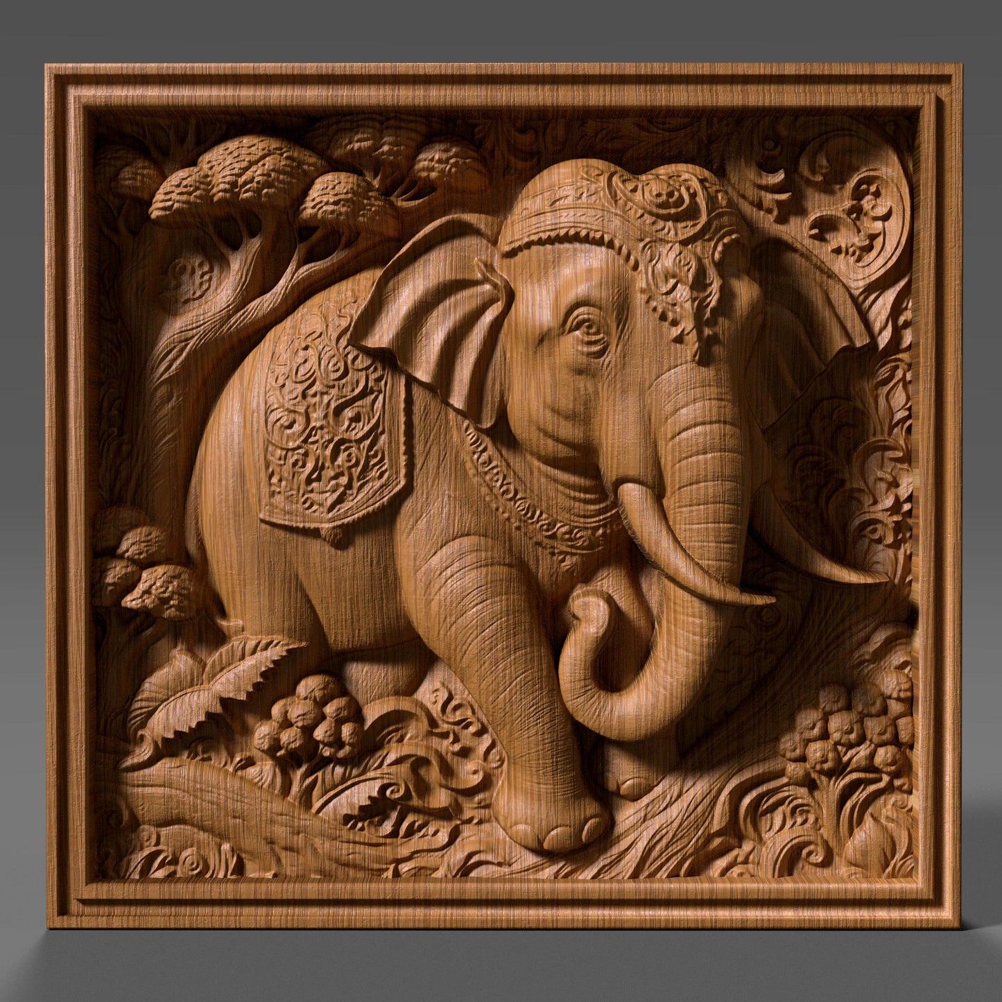 Intricately designed 3D STL relief of an elephant with floral and ornamental details, perfect for CNC wood carving, laser engraving, and 3D printing. This high-quality digital download features a majestic elephant with realistic textures, curved tusks, and a decorative jungle-inspired background. Ideal for wall art, wildlife decor, and nature-inspired sculptures. A great choice for artisans, woodworkers, and those who appreciate spiritual and cultural elephant symbolism.
