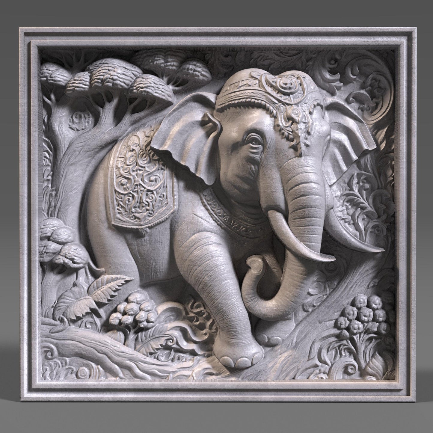 Intricately designed 3D STL relief of an elephant with floral and ornamental details, perfect for CNC wood carving, laser engraving, and 3D printing. This high-quality digital download features a majestic elephant with realistic textures, curved tusks, and a decorative jungle-inspired background. Ideal for wall art, wildlife decor, and nature-inspired sculptures. A great choice for artisans, woodworkers, and those who appreciate spiritual and cultural elephant symbolism.