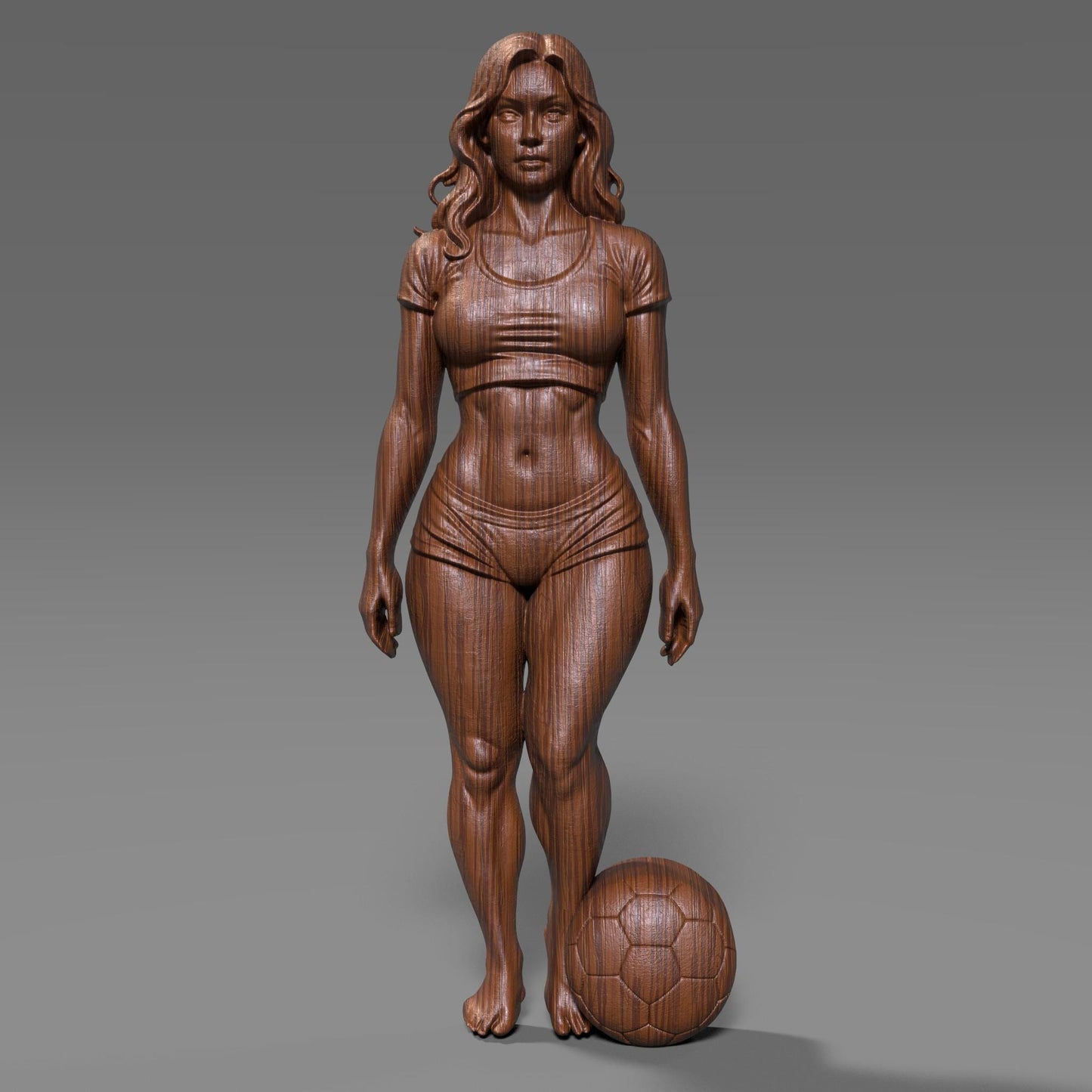 High-detail 3D STL model of a fit female soccer player standing with a football at her feet, sculpted in realistic anatomical proportions and dynamic athletic pose. The model features defined muscles, sports outfit, flowing hair, and balanced stance, suitable for CNC carving, wood sculpture, resin casting, and FDM 3D printing. Ideal for sports trophies, wall art, figurines, and football fan decor. Digital download STL file.