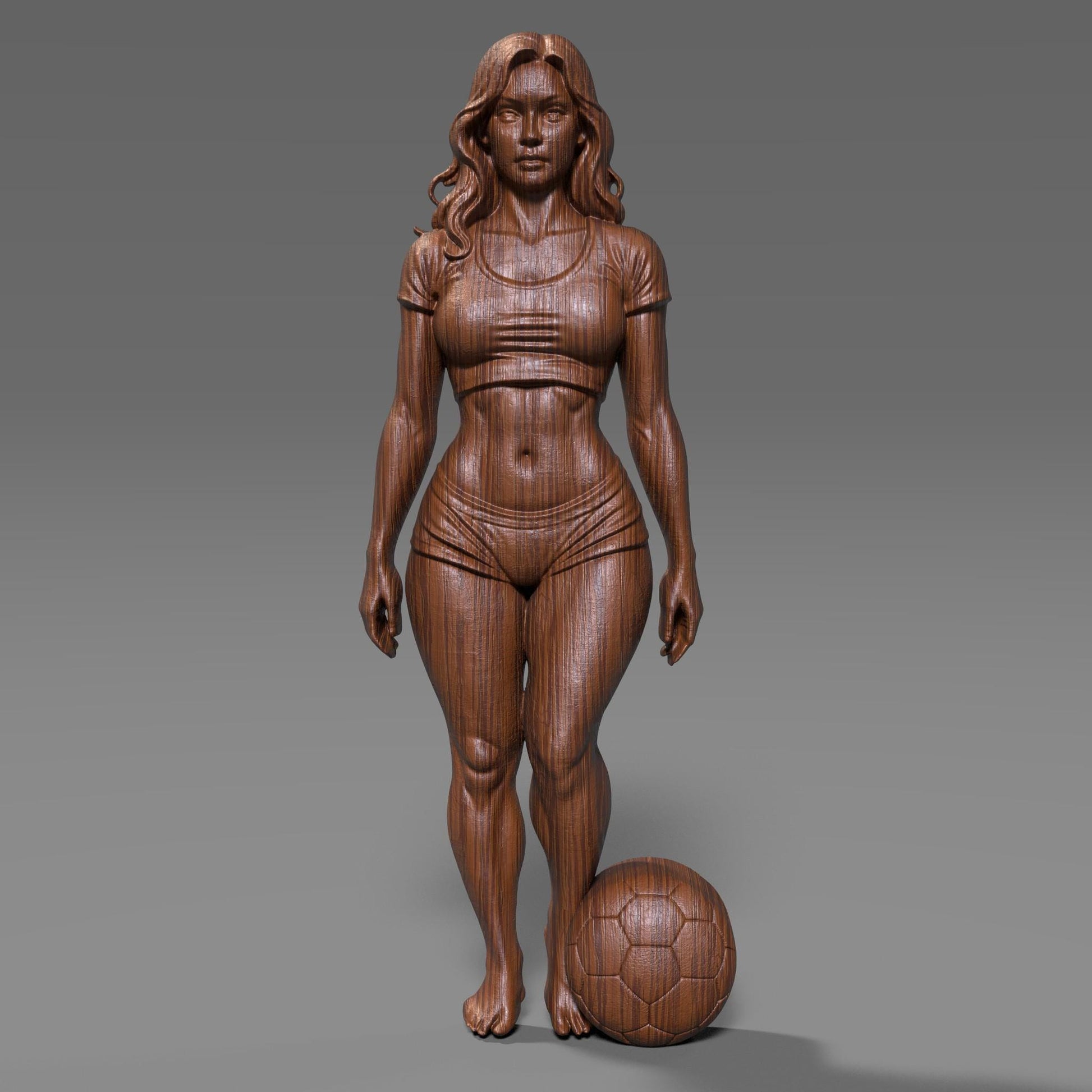 High-detail 3D STL model of a fit female soccer player standing with a football at her feet, sculpted in realistic anatomical proportions and dynamic athletic pose. The model features defined muscles, sports outfit, flowing hair, and balanced stance, suitable for CNC carving, wood sculpture, resin casting, and FDM 3D printing. Ideal for sports trophies, wall art, figurines, and football fan decor. Digital download STL file.