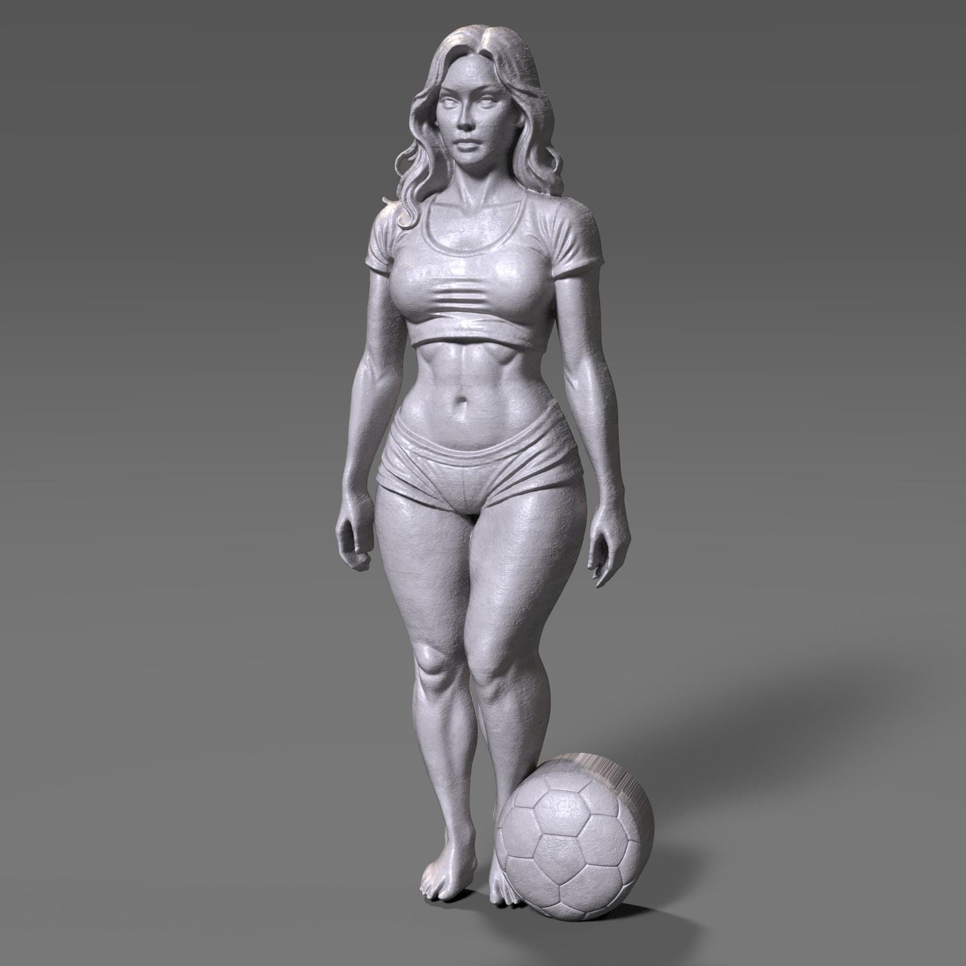 High-detail 3D STL model of a fit female soccer player standing with a football at her feet, sculpted in realistic anatomical proportions and dynamic athletic pose. The model features defined muscles, sports outfit, flowing hair, and balanced stance, suitable for CNC carving, wood sculpture, resin casting, and FDM 3D printing. Ideal for sports trophies, wall art, figurines, and football fan decor. Digital download STL file.