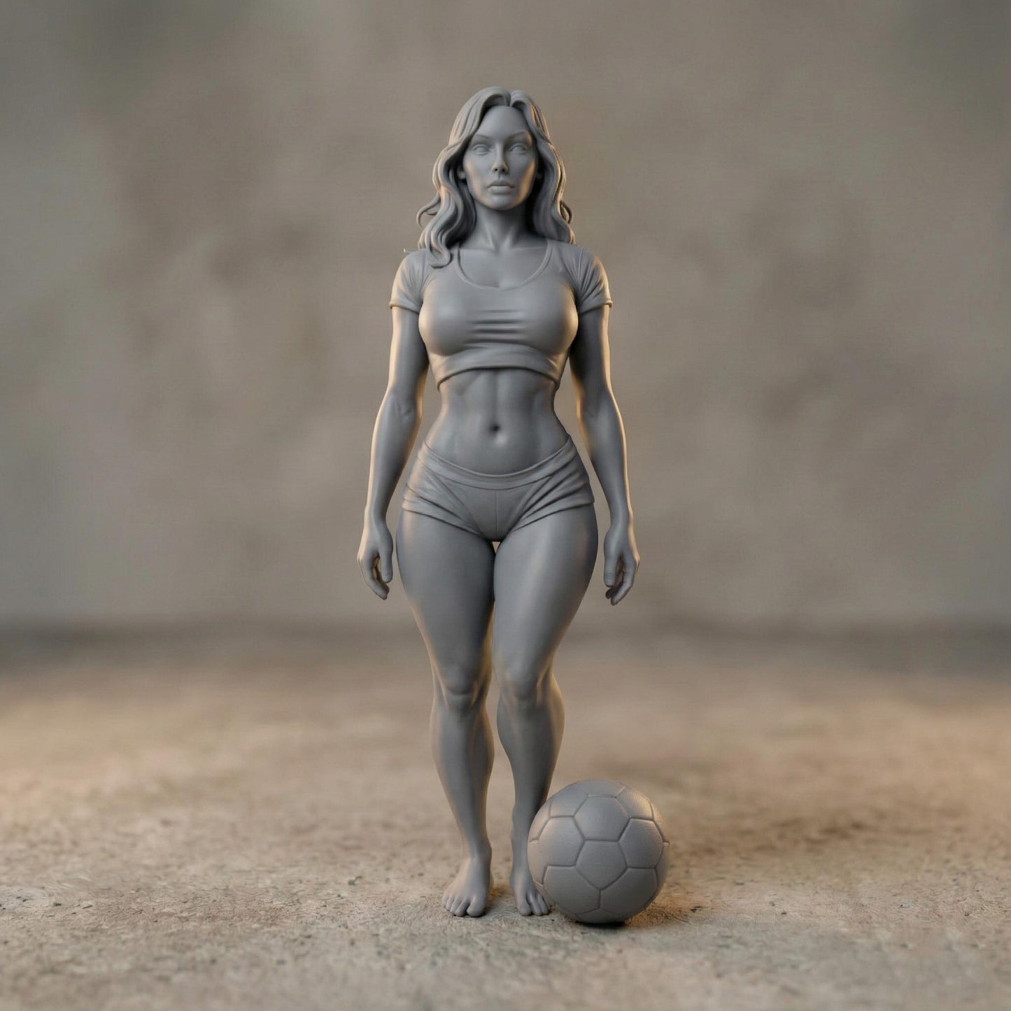 High-detail 3D STL model of a fit female soccer player standing with a football at her feet, sculpted in realistic anatomical proportions and dynamic athletic pose. The model features defined muscles, sports outfit, flowing hair, and balanced stance, suitable for CNC carving, wood sculpture, resin casting, and FDM 3D printing. Ideal for sports trophies, wall art, figurines, and football fan decor. Digital download STL file.