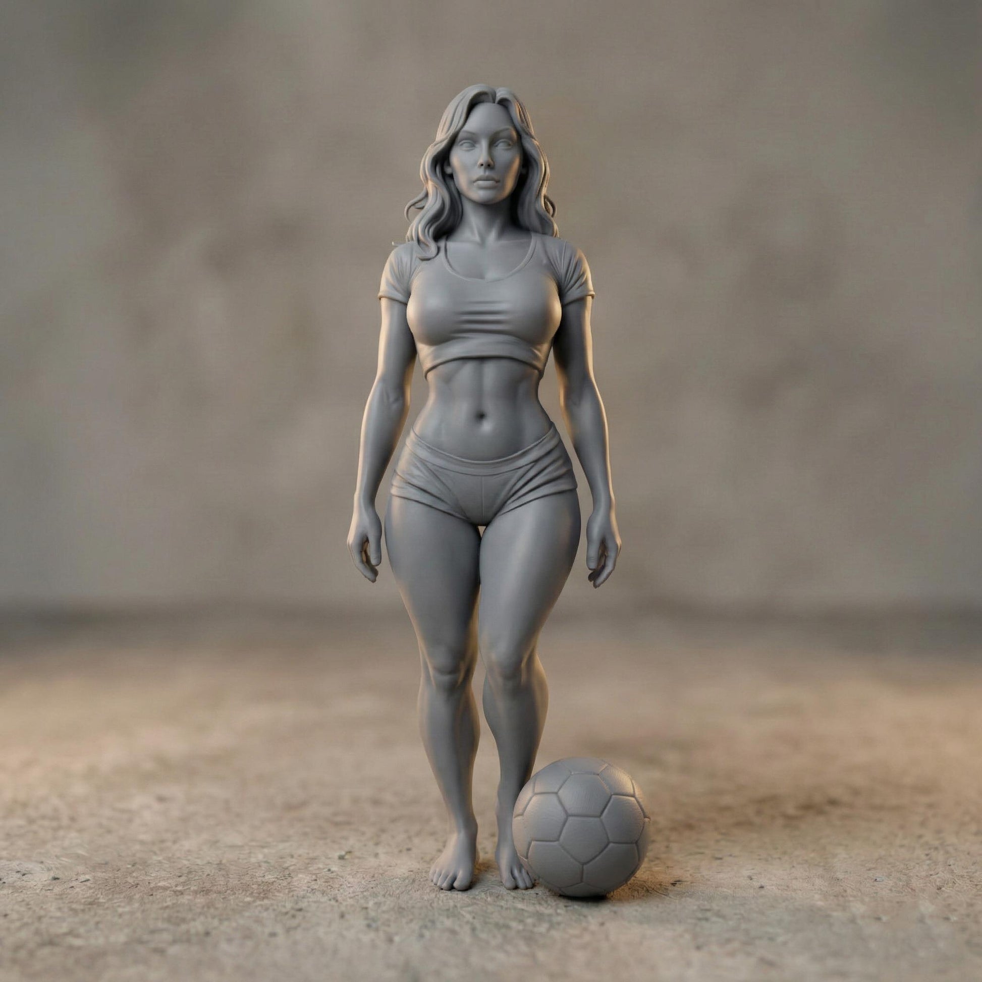 High-detail 3D STL model of a fit female soccer player standing with a football at her feet, sculpted in realistic anatomical proportions and dynamic athletic pose. The model features defined muscles, sports outfit, flowing hair, and balanced stance, suitable for CNC carving, wood sculpture, resin casting, and FDM 3D printing. Ideal for sports trophies, wall art, figurines, and football fan decor. Digital download STL file.