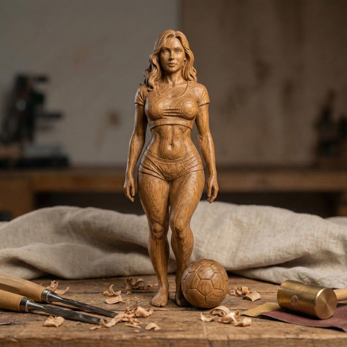High-detail 3D STL model of a fit female soccer player standing with a football at her feet, sculpted in realistic anatomical proportions and dynamic athletic pose. The model features defined muscles, sports outfit, flowing hair, and balanced stance, suitable for CNC carving, wood sculpture, resin casting, and FDM 3D printing. Ideal for sports trophies, wall art, figurines, and football fan decor. Digital download STL file.