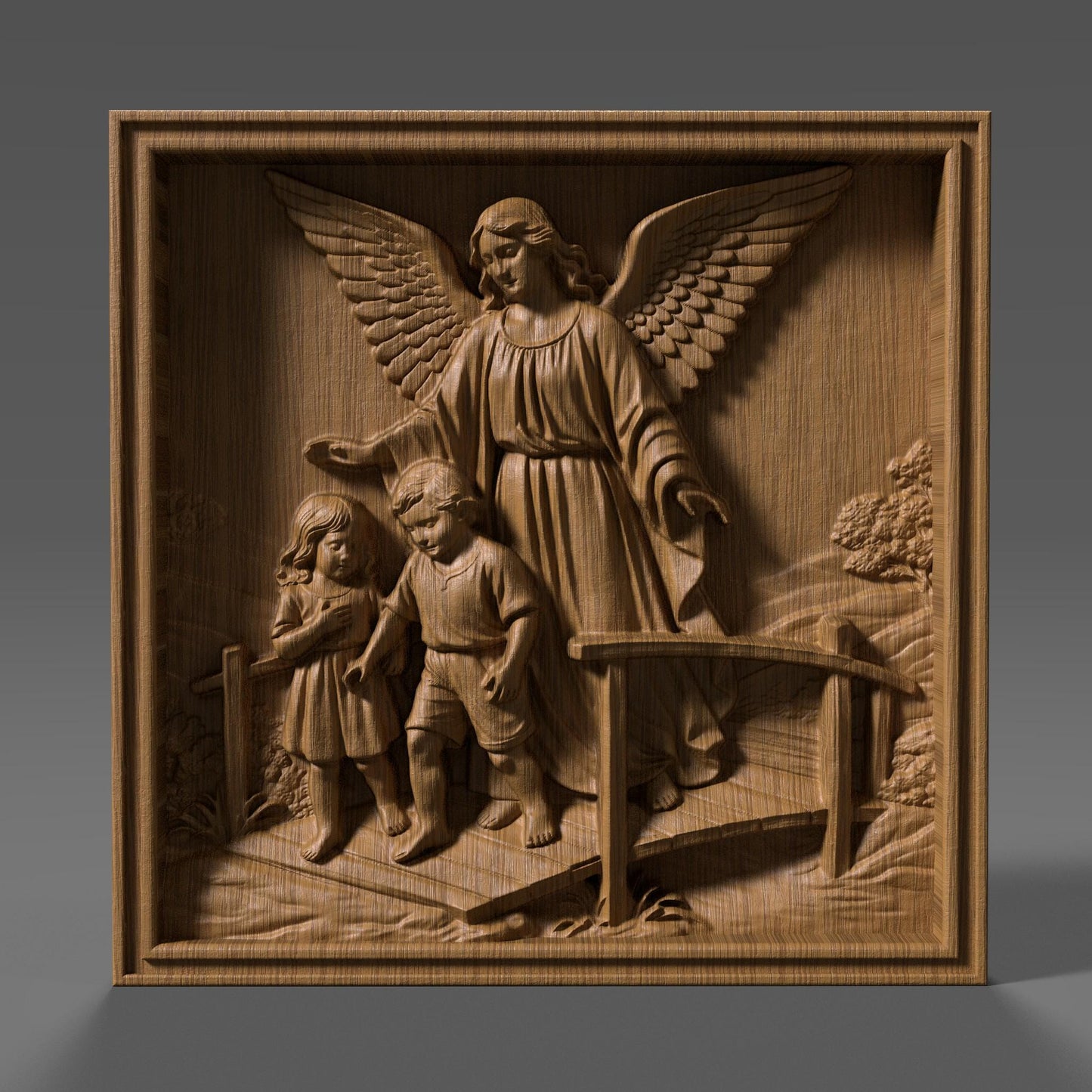 Highly detailed 3D STL bas-relief of a guardian angel protecting two children while guiding them across a bridge, symbolizing faith, safety, and divine care. The sculpture features large feathered wings, flowing robes, expressive faces, and deep layered relief suitable for CNC wood carving, resin casting, and 3D printing. Ideal for Christian wall decor, memorial art, nursery blessings, and religious gifts. Digital STL download.