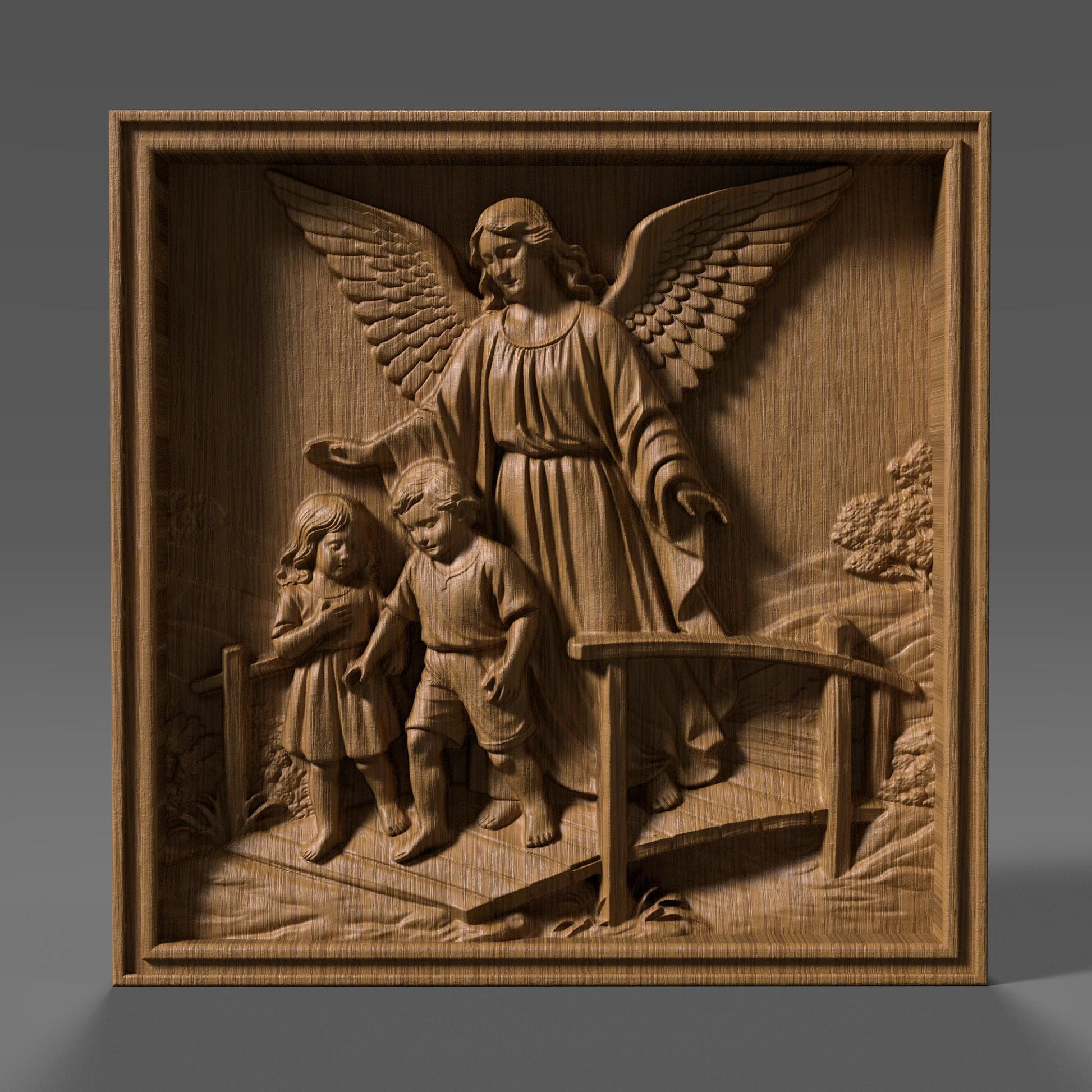 Highly detailed 3D STL bas-relief of a guardian angel protecting two children while guiding them across a bridge, symbolizing faith, safety, and divine care. The sculpture features large feathered wings, flowing robes, expressive faces, and deep layered relief suitable for CNC wood carving, resin casting, and 3D printing. Ideal for Christian wall decor, memorial art, nursery blessings, and religious gifts. Digital STL download.