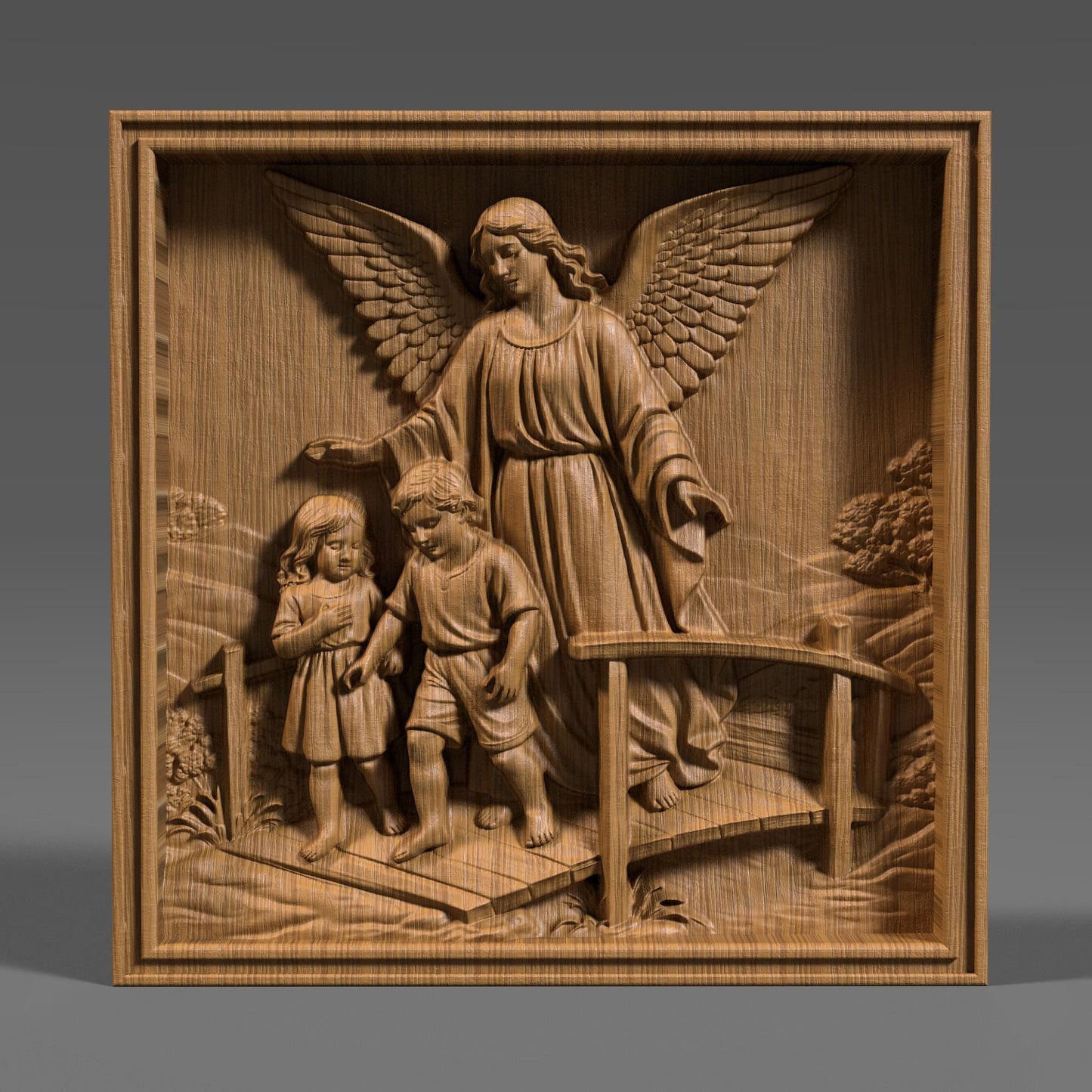 Highly detailed 3D STL bas-relief of a guardian angel protecting two children while guiding them across a bridge, symbolizing faith, safety, and divine care. The sculpture features large feathered wings, flowing robes, expressive faces, and deep layered relief suitable for CNC wood carving, resin casting, and 3D printing. Ideal for Christian wall decor, memorial art, nursery blessings, and religious gifts. Digital STL download.