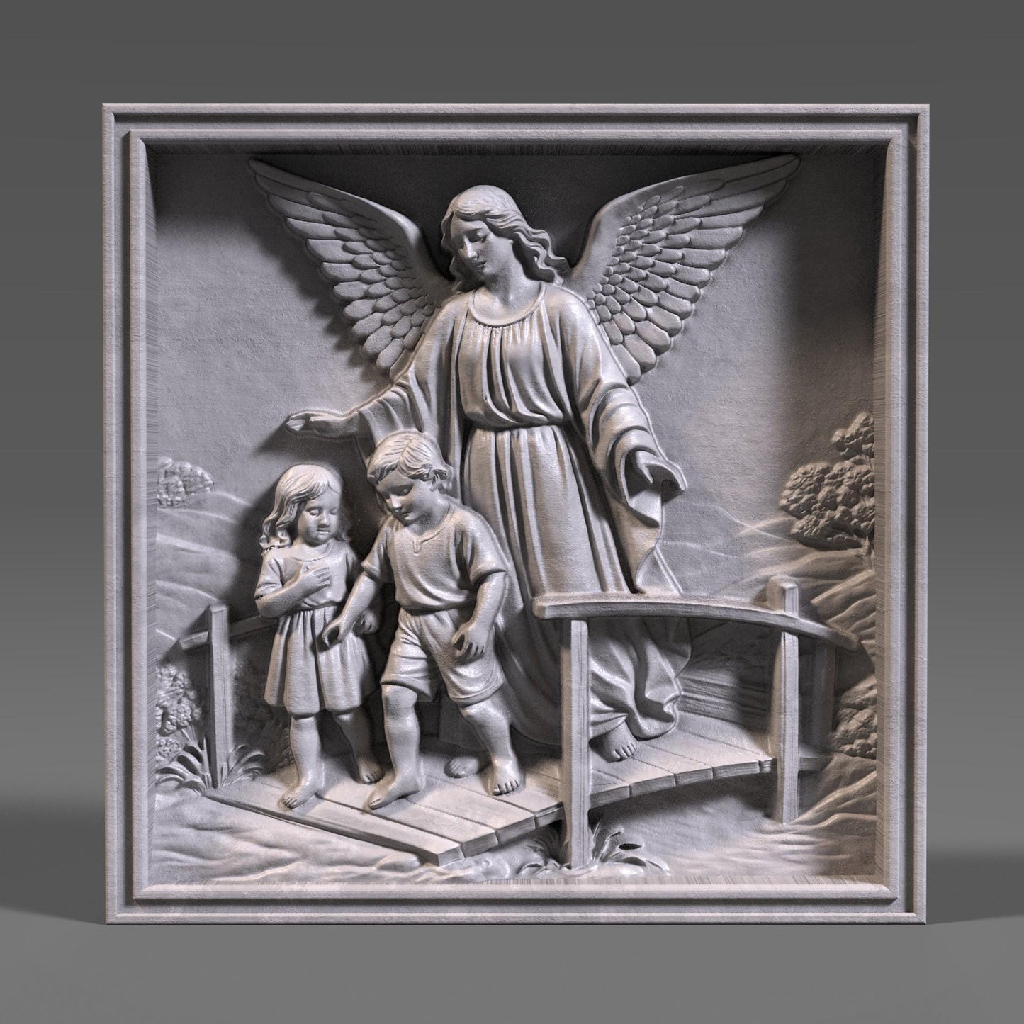 Highly detailed 3D STL bas-relief of a guardian angel protecting two children while guiding them across a bridge, symbolizing faith, safety, and divine care. The sculpture features large feathered wings, flowing robes, expressive faces, and deep layered relief suitable for CNC wood carving, resin casting, and 3D printing. Ideal for Christian wall decor, memorial art, nursery blessings, and religious gifts. Digital STL download.