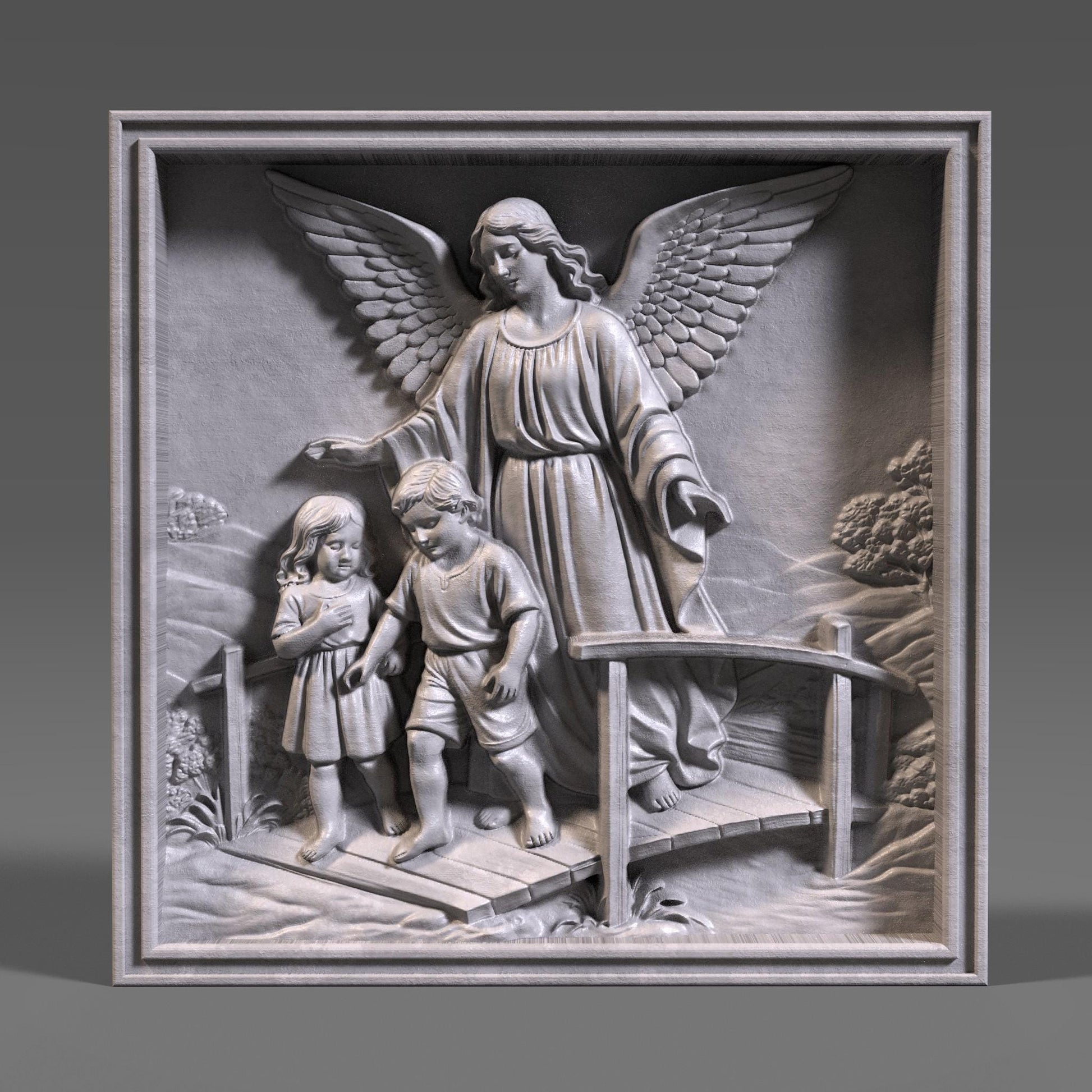 Highly detailed 3D STL bas-relief of a guardian angel protecting two children while guiding them across a bridge, symbolizing faith, safety, and divine care. The sculpture features large feathered wings, flowing robes, expressive faces, and deep layered relief suitable for CNC wood carving, resin casting, and 3D printing. Ideal for Christian wall decor, memorial art, nursery blessings, and religious gifts. Digital STL download.