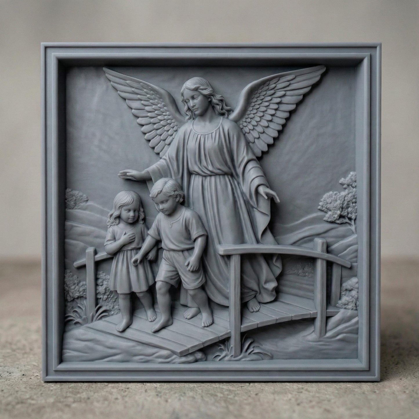 Highly detailed 3D STL bas-relief of a guardian angel protecting two children while guiding them across a bridge, symbolizing faith, safety, and divine care. The sculpture features large feathered wings, flowing robes, expressive faces, and deep layered relief suitable for CNC wood carving, resin casting, and 3D printing. Ideal for Christian wall decor, memorial art, nursery blessings, and religious gifts. Digital STL download.