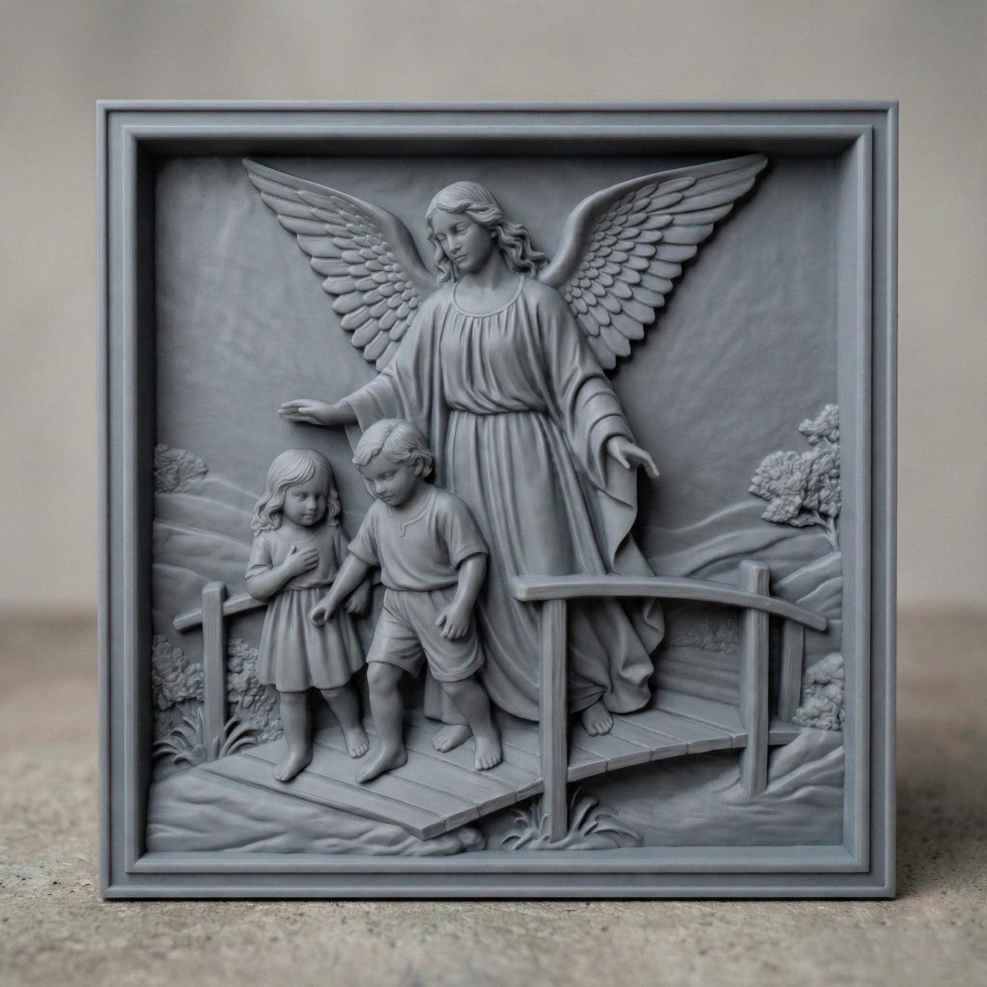 Highly detailed 3D STL bas-relief of a guardian angel protecting two children while guiding them across a bridge, symbolizing faith, safety, and divine care. The sculpture features large feathered wings, flowing robes, expressive faces, and deep layered relief suitable for CNC wood carving, resin casting, and 3D printing. Ideal for Christian wall decor, memorial art, nursery blessings, and religious gifts. Digital STL download.