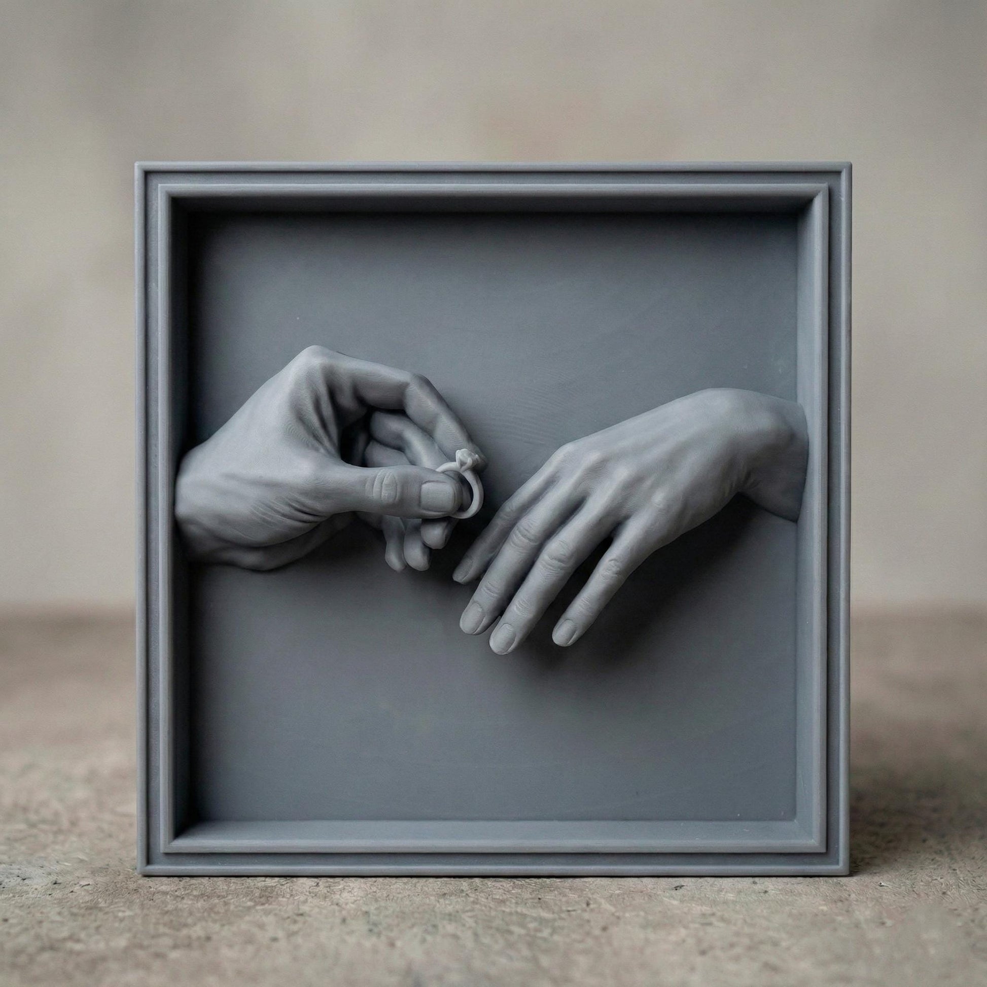 High-detail 3D STL bas-relief of two hands during a romantic marriage proposal, one gently placing an engagement ring on the other. The sculpted hands symbolize love, commitment, and unity, making it perfect for Valentine’s Day gifts, couple decor, wedding keepsakes, and anniversary wall art. Designed for CNC wood carving, resin casting, and 3D printing. Digital STL download.