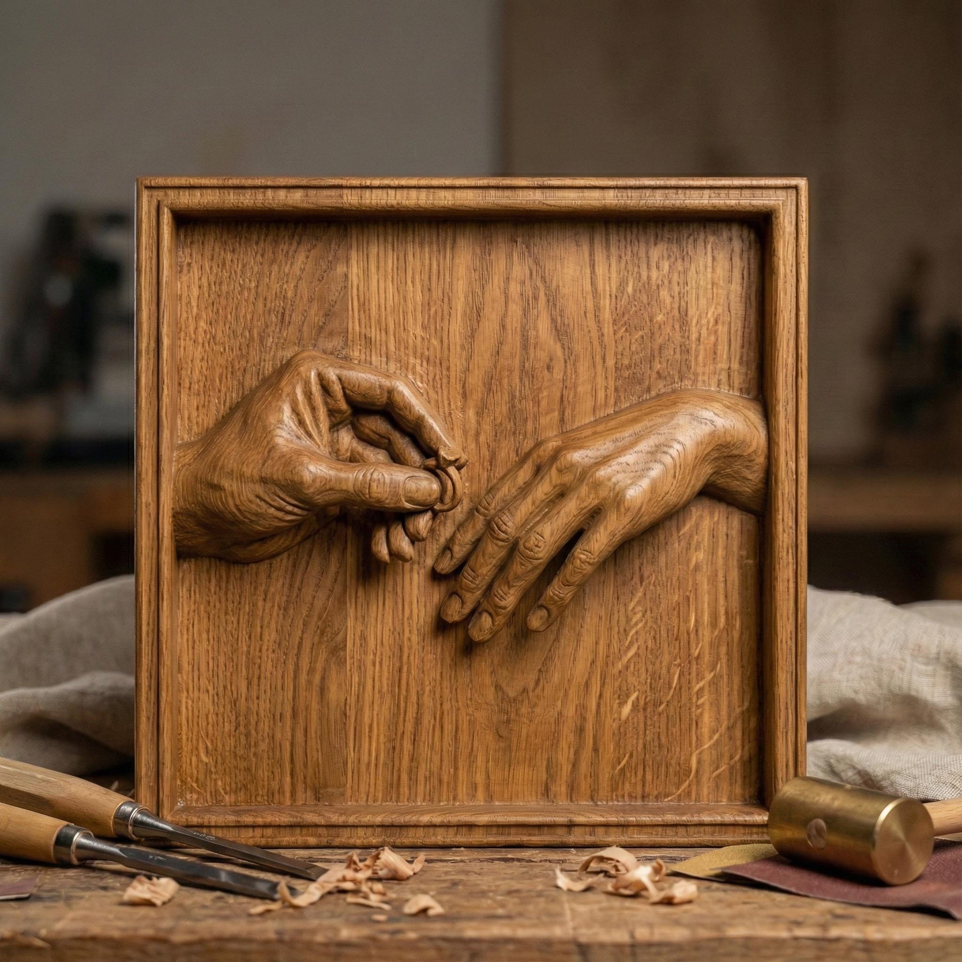 High-detail 3D STL bas-relief of two hands during a romantic marriage proposal, one gently placing an engagement ring on the other. The sculpted hands symbolize love, commitment, and unity, making it perfect for Valentine’s Day gifts, couple decor, wedding keepsakes, and anniversary wall art. Designed for CNC wood carving, resin casting, and 3D printing. Digital STL download.