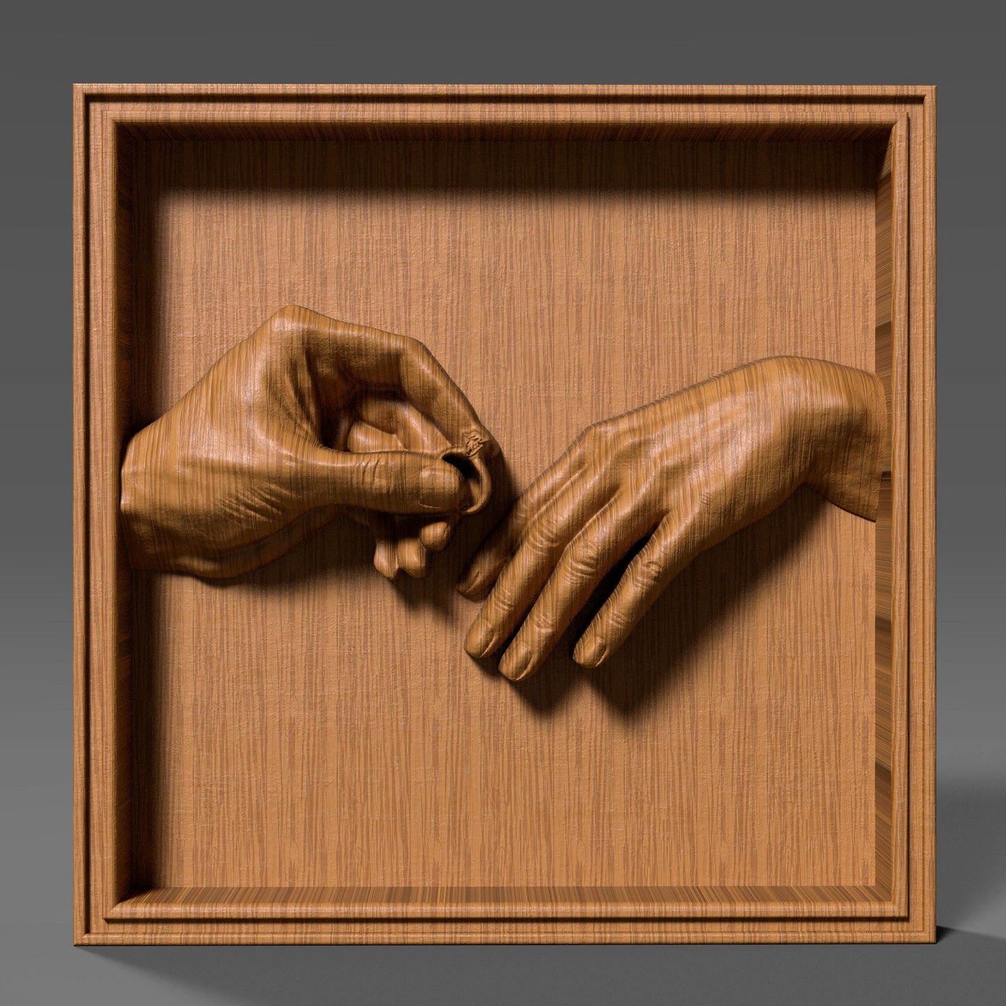 High-detail 3D STL bas-relief of two hands during a romantic marriage proposal, one gently placing an engagement ring on the other. The sculpted hands symbolize love, commitment, and unity, making it perfect for Valentine’s Day gifts, couple decor, wedding keepsakes, and anniversary wall art. Designed for CNC wood carving, resin casting, and 3D printing. Digital STL download.