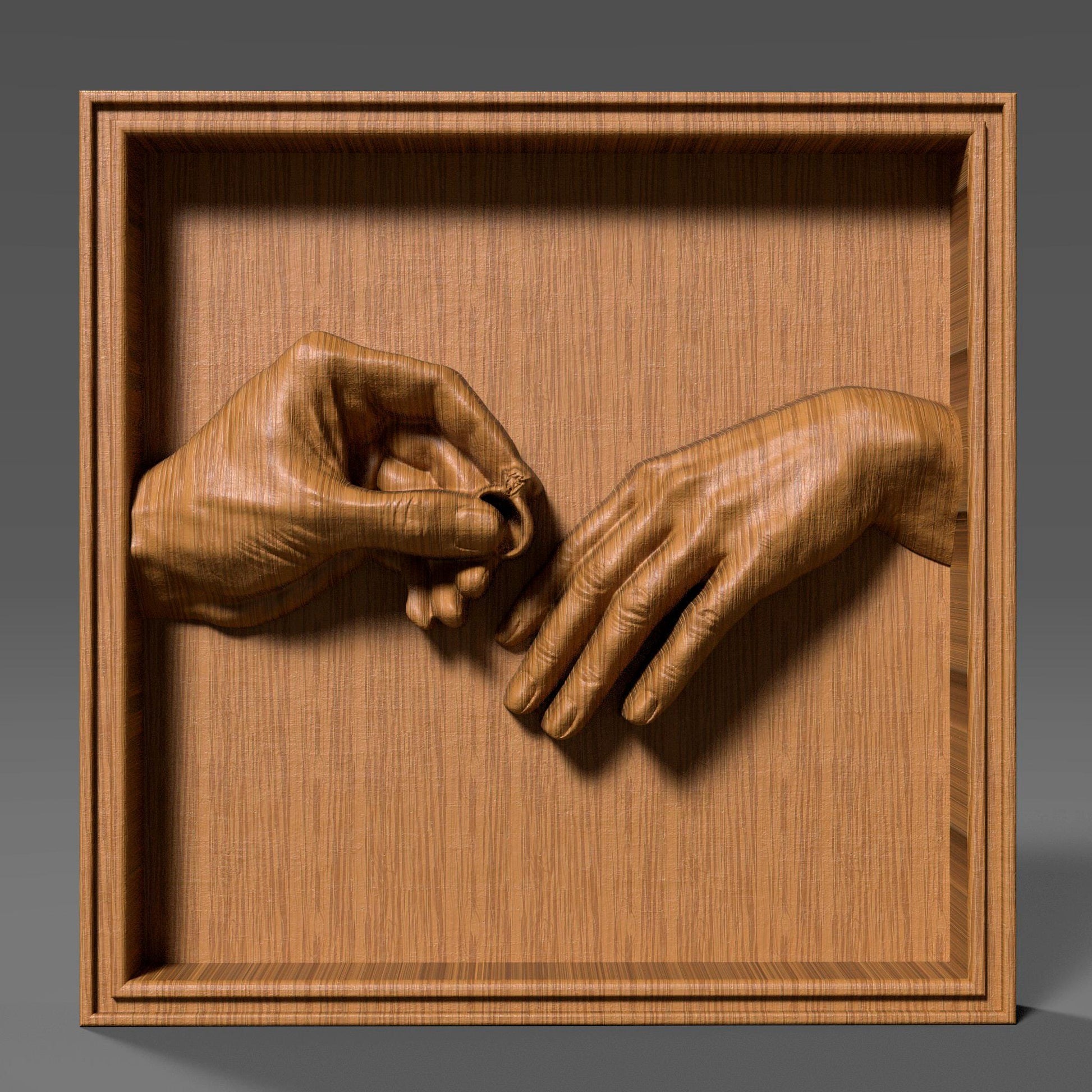 High-detail 3D STL bas-relief of two hands during a romantic marriage proposal, one gently placing an engagement ring on the other. The sculpted hands symbolize love, commitment, and unity, making it perfect for Valentine’s Day gifts, couple decor, wedding keepsakes, and anniversary wall art. Designed for CNC wood carving, resin casting, and 3D printing. Digital STL download.