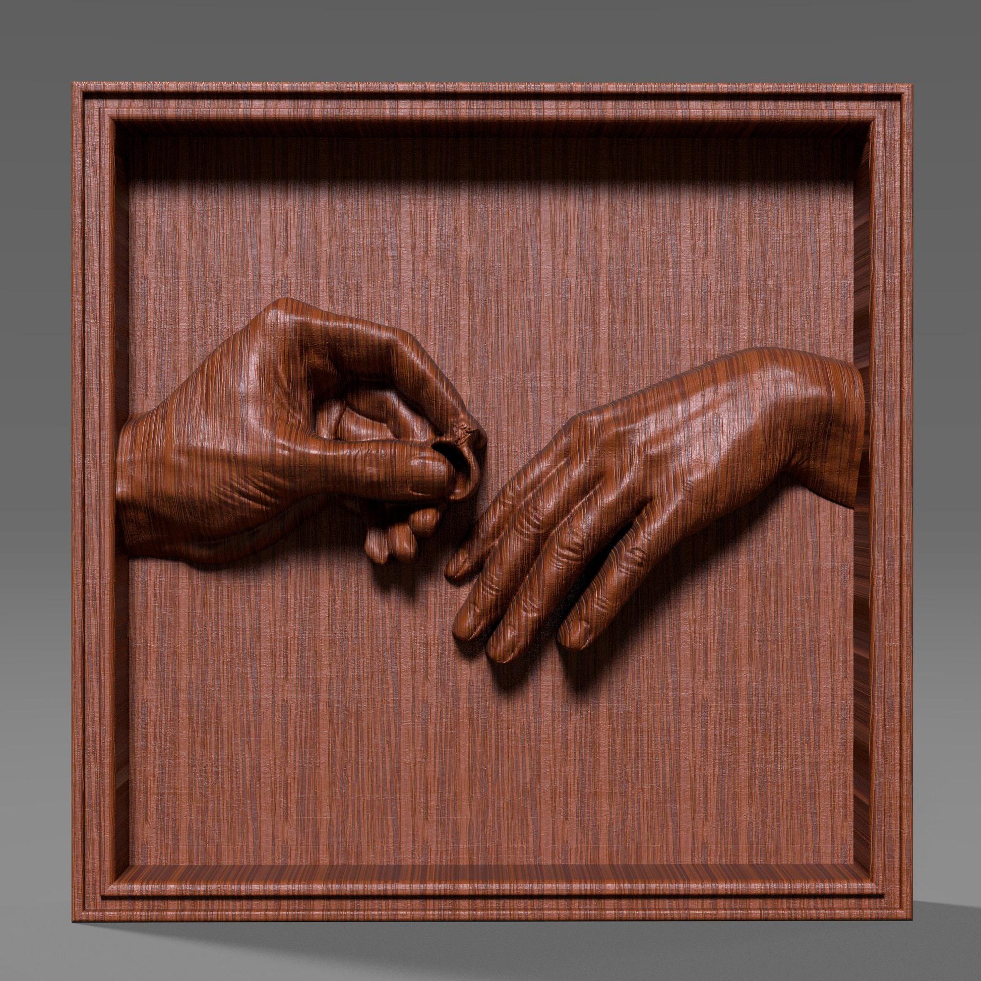 High-detail 3D STL bas-relief of two hands during a romantic marriage proposal, one gently placing an engagement ring on the other. The sculpted hands symbolize love, commitment, and unity, making it perfect for Valentine’s Day gifts, couple decor, wedding keepsakes, and anniversary wall art. Designed for CNC wood carving, resin casting, and 3D printing. Digital STL download.