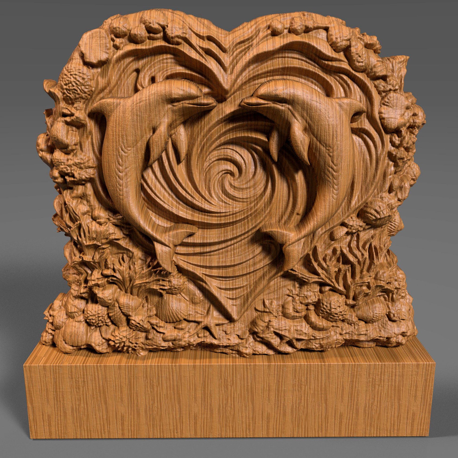 Heart-shaped wooden bas-relief sculpture featuring two dolphins swimming inward to form a romantic heart shape, carved in deep relief with flowing ocean wave spirals at the center. The surrounding border includes detailed coral, shells, and sea elements, symbolizing love and harmony. Rich wood texture with smooth depth transitions, ideal for Valentine’s Day decor, CNC carving, and romantic wall art.