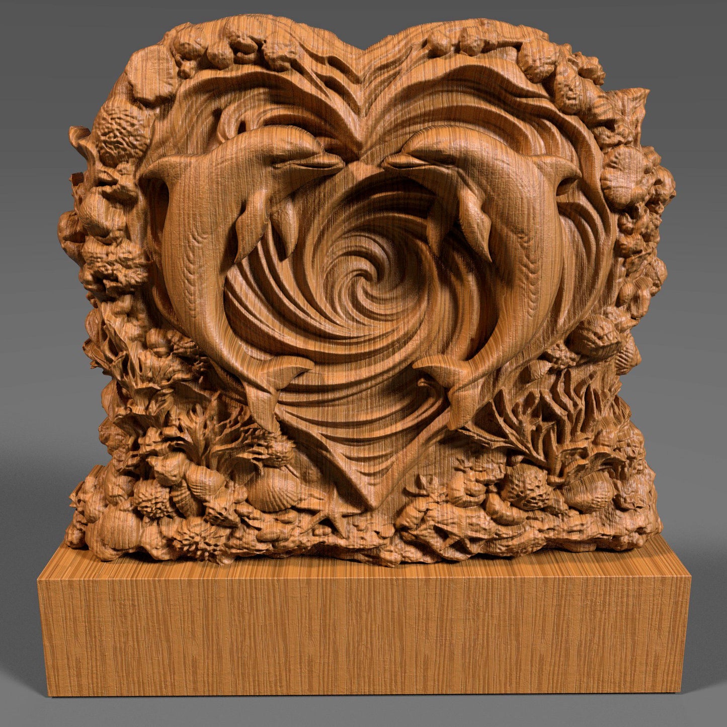 Heart-shaped wooden bas-relief sculpture featuring two dolphins swimming inward to form a romantic heart shape, carved in deep relief with flowing ocean wave spirals at the center. The surrounding border includes detailed coral, shells, and sea elements, symbolizing love and harmony. Rich wood texture with smooth depth transitions, ideal for Valentine’s Day decor, CNC carving, and romantic wall art.