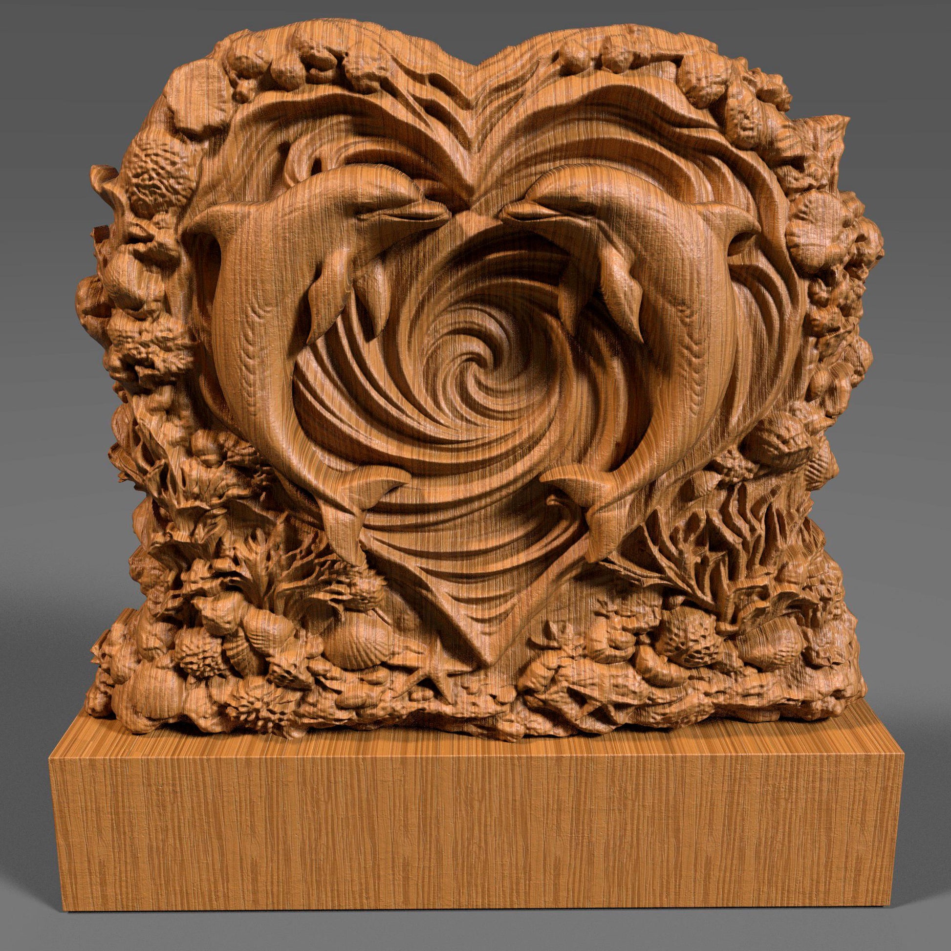 Heart-shaped wooden bas-relief sculpture featuring two dolphins swimming inward to form a romantic heart shape, carved in deep relief with flowing ocean wave spirals at the center. The surrounding border includes detailed coral, shells, and sea elements, symbolizing love and harmony. Rich wood texture with smooth depth transitions, ideal for Valentine’s Day decor, CNC carving, and romantic wall art.