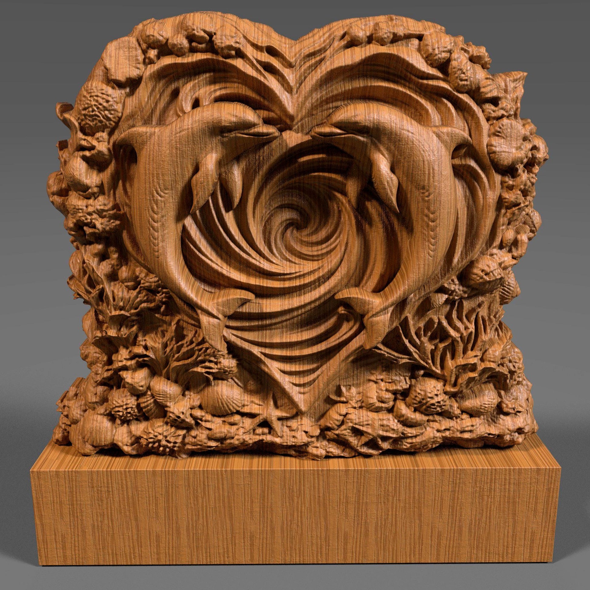 Heart-shaped wooden bas-relief sculpture featuring two dolphins swimming inward to form a romantic heart shape, carved in deep relief with flowing ocean wave spirals at the center. The surrounding border includes detailed coral, shells, and sea elements, symbolizing love and harmony. Rich wood texture with smooth depth transitions, ideal for Valentine’s Day decor, CNC carving, and romantic wall art.