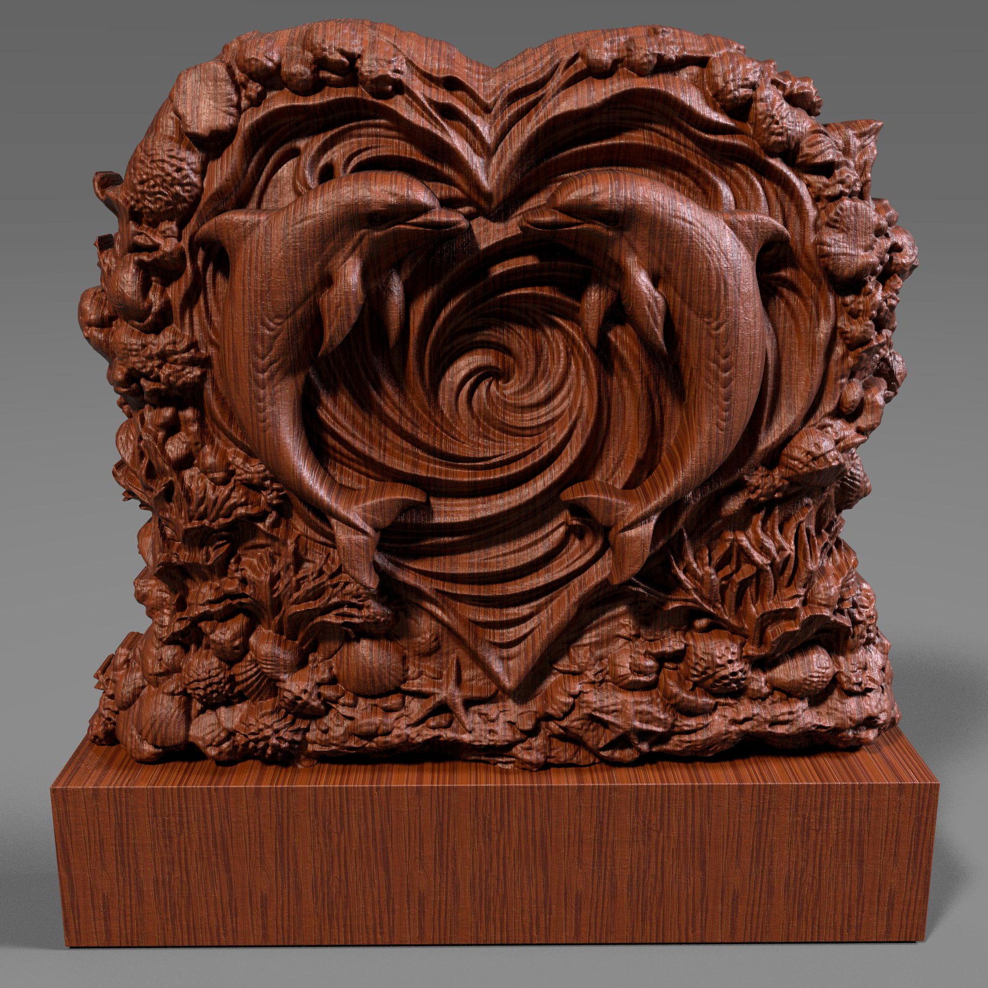 Heart-shaped wooden bas-relief sculpture featuring two dolphins swimming inward to form a romantic heart shape, carved in deep relief with flowing ocean wave spirals at the center. The surrounding border includes detailed coral, shells, and sea elements, symbolizing love and harmony. Rich wood texture with smooth depth transitions, ideal for Valentine’s Day decor, CNC carving, and romantic wall art.