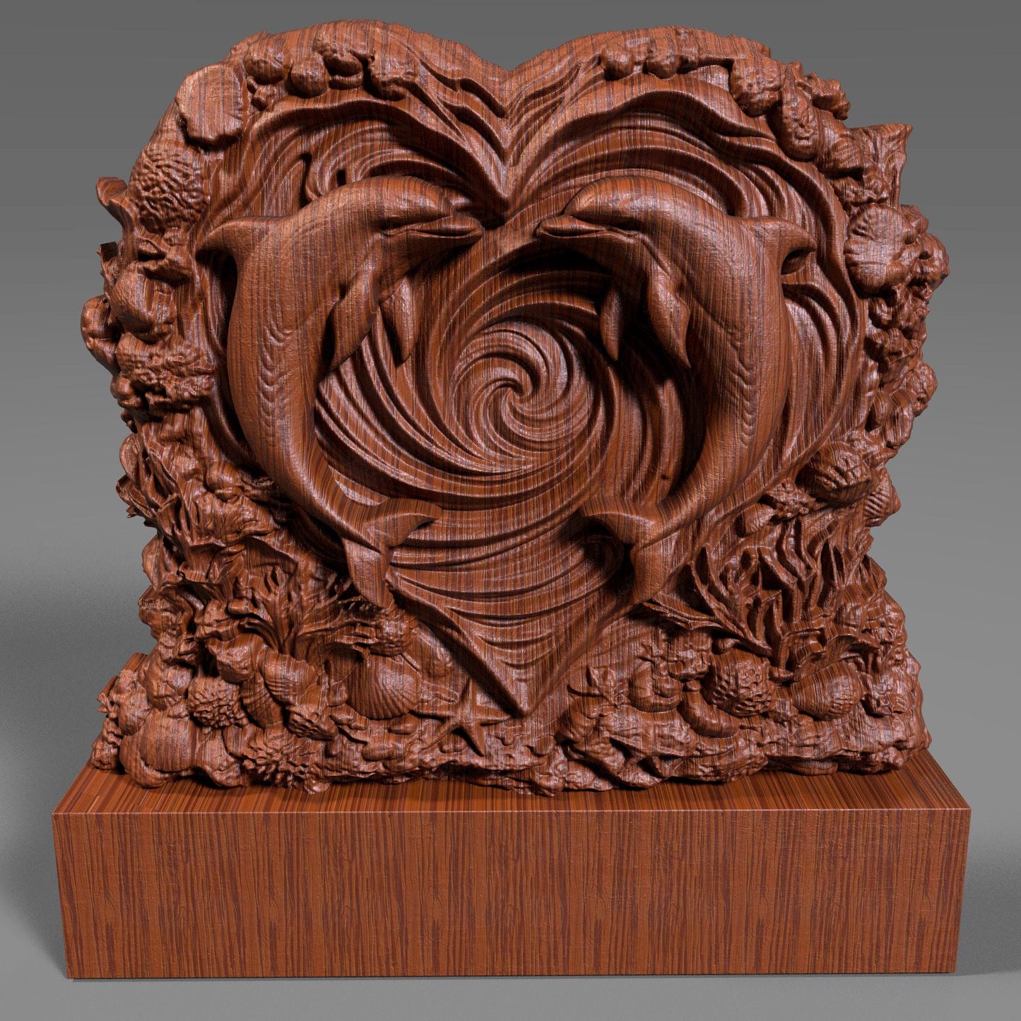 Heart-shaped wooden bas-relief sculpture featuring two dolphins swimming inward to form a romantic heart shape, carved in deep relief with flowing ocean wave spirals at the center. The surrounding border includes detailed coral, shells, and sea elements, symbolizing love and harmony. Rich wood texture with smooth depth transitions, ideal for Valentine’s Day decor, CNC carving, and romantic wall art.