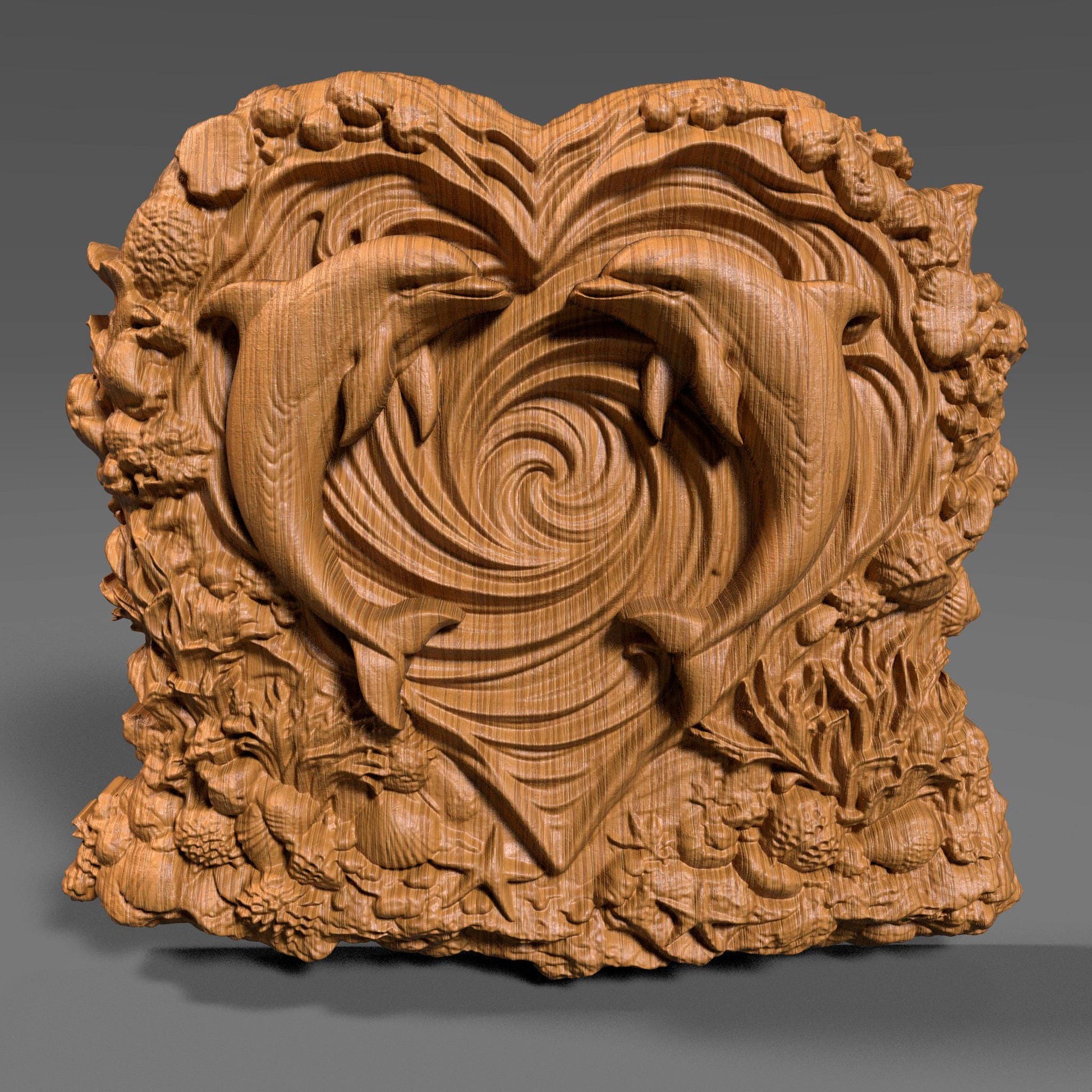 Heart-shaped wooden bas-relief sculpture featuring two dolphins swimming inward to form a romantic heart shape, carved in deep relief with flowing ocean wave spirals at the center. The surrounding border includes detailed coral, shells, and sea elements, symbolizing love and harmony. Rich wood texture with smooth depth transitions, ideal for Valentine’s Day decor, CNC carving, and romantic wall art.
