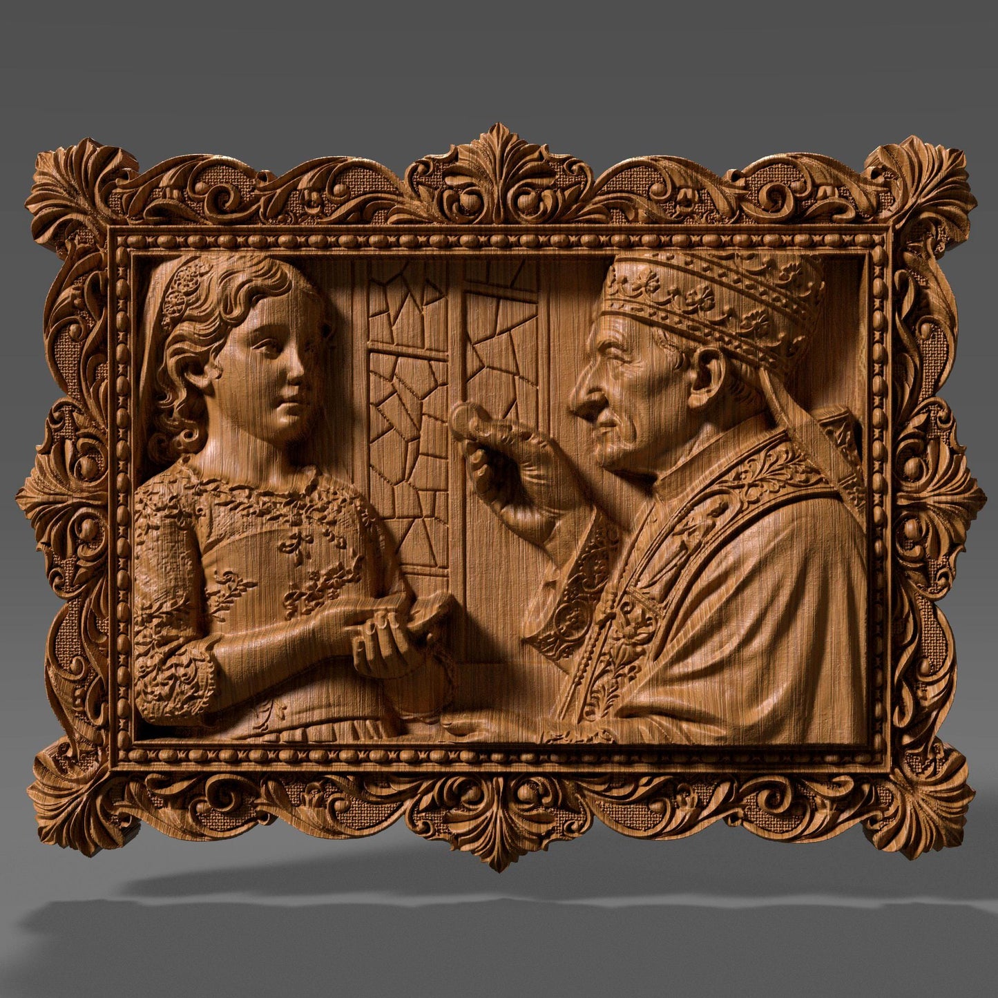 Ornate wooden bas-relief artwork depicting a First Communion scene, featuring a child receiving the Eucharist from a priest, framed in an intricate classical border. The relief shows fine facial details, flowing garments, and deep carved textures, rendered in wood style. Designed as a custom 3D bas-relief STL from a child’s photo, ideal for CNC carving, 3D printing, and Catholic religious keepsakes.